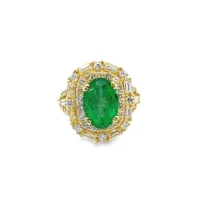 14k White Gold Diamond Round And Oval Cut Emerald Center Stone Ring 4.64c