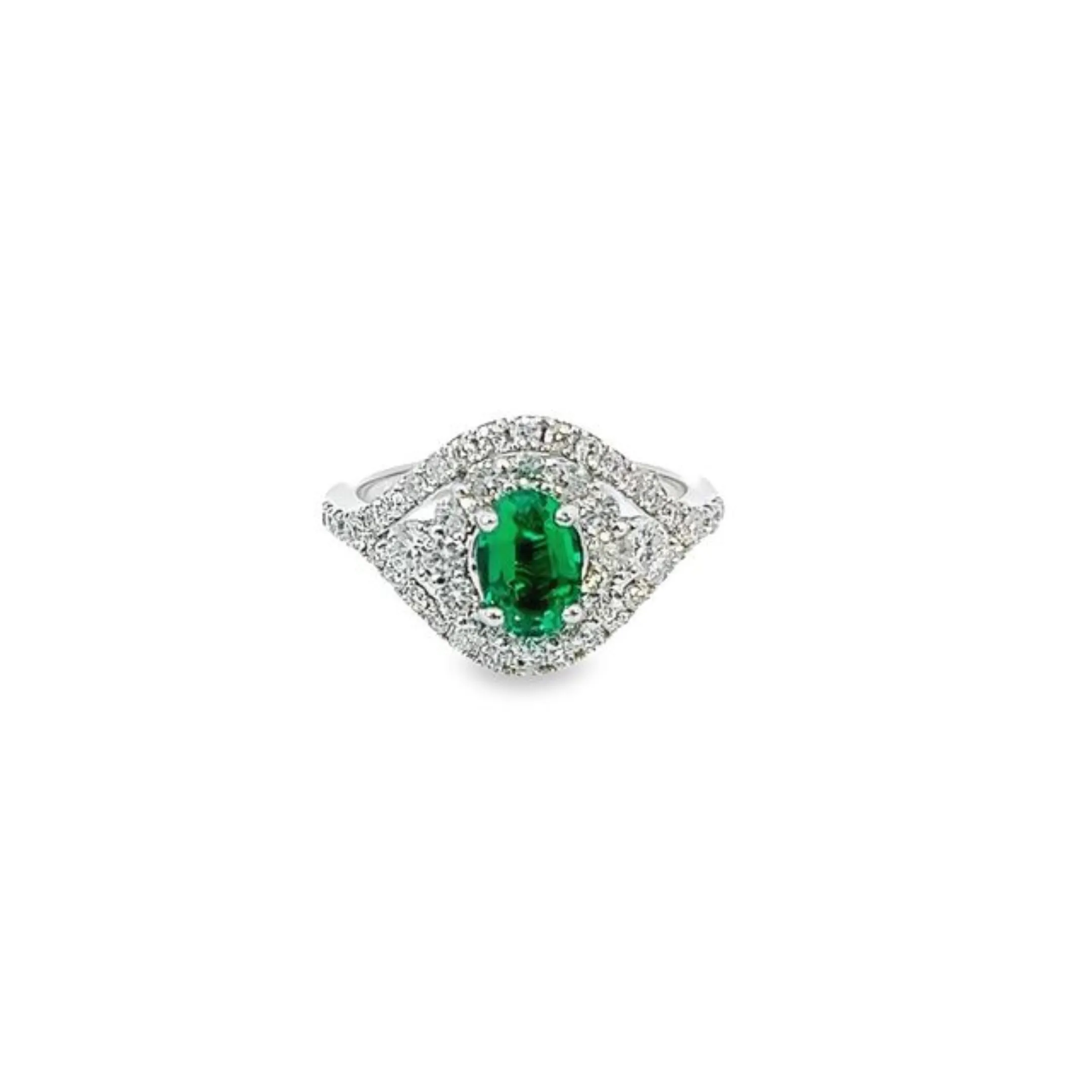 14k White Gold Diamond Round And Oval Cut Emerald Center Stone Ring .95c
