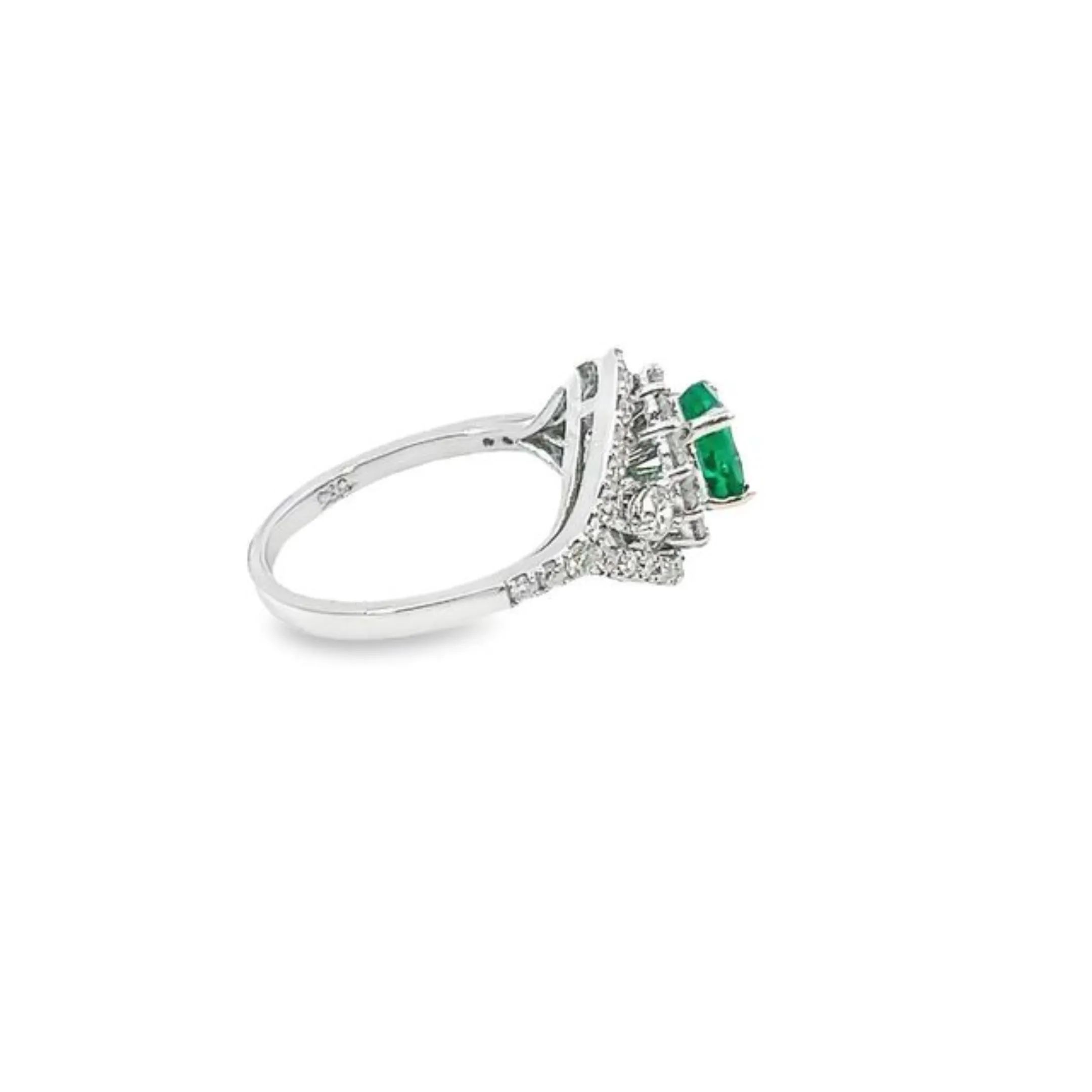 14k White Gold Diamond Round And Oval Cut Emerald Center Stone Ring .95c