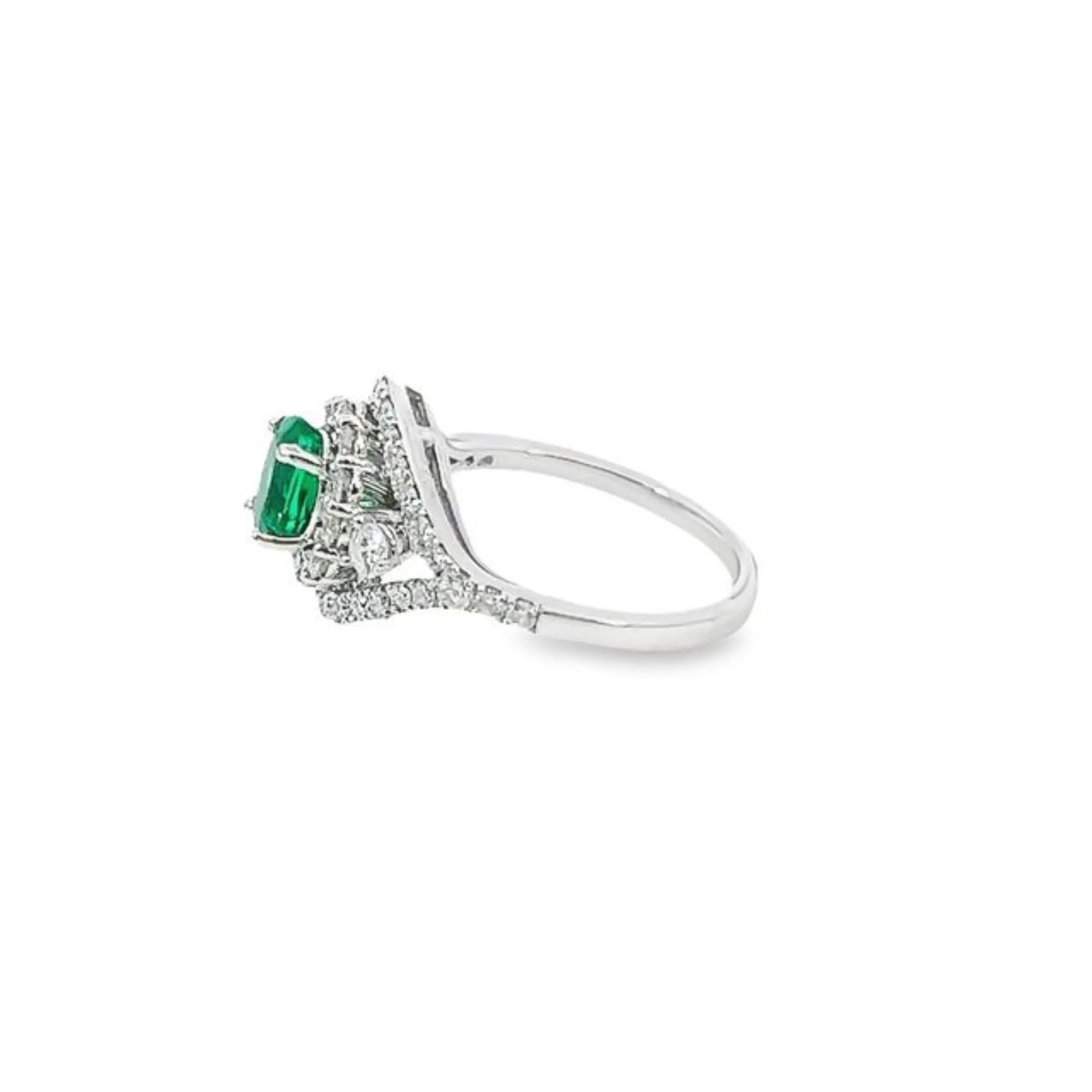 14k White Gold Diamond Round And Oval Cut Emerald Center Stone Ring .95c
