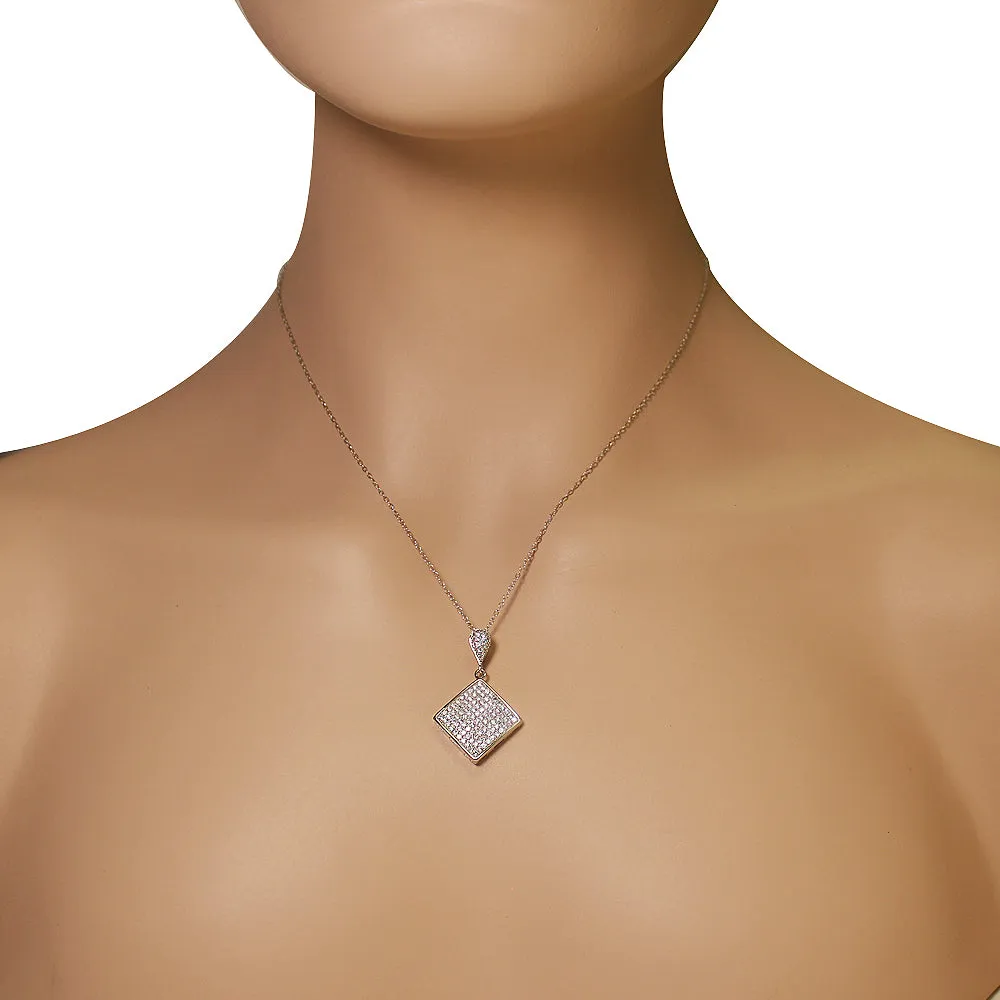 925 Sterling Silver Diamond-Shaped White Clear CZ Statement Pendant Necklace