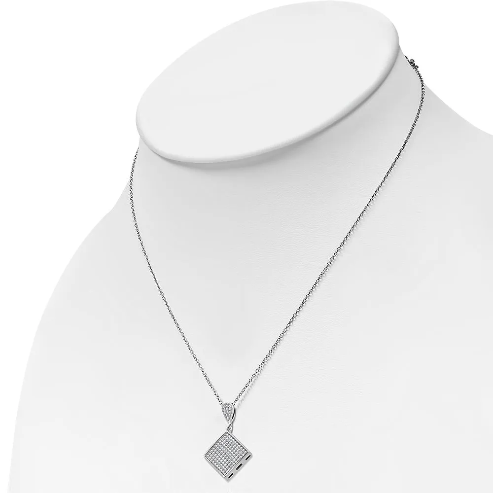 925 Sterling Silver Diamond-Shaped White Clear CZ Statement Pendant Necklace