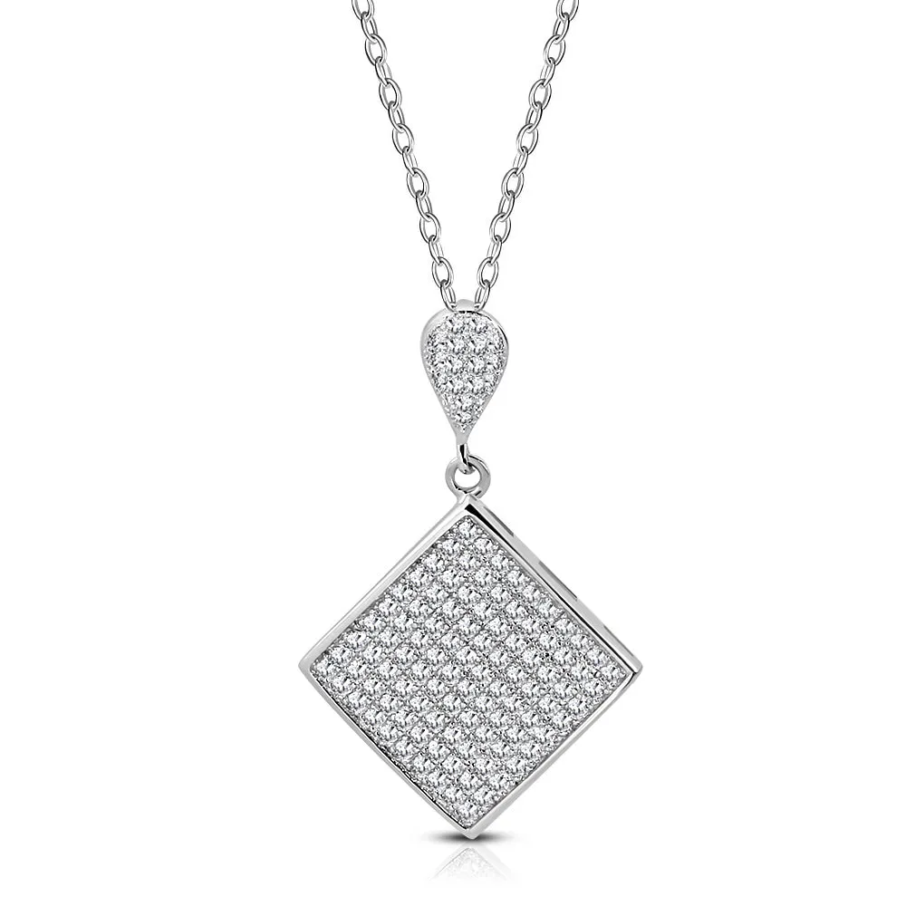 925 Sterling Silver Diamond-Shaped White Clear CZ Statement Pendant Necklace