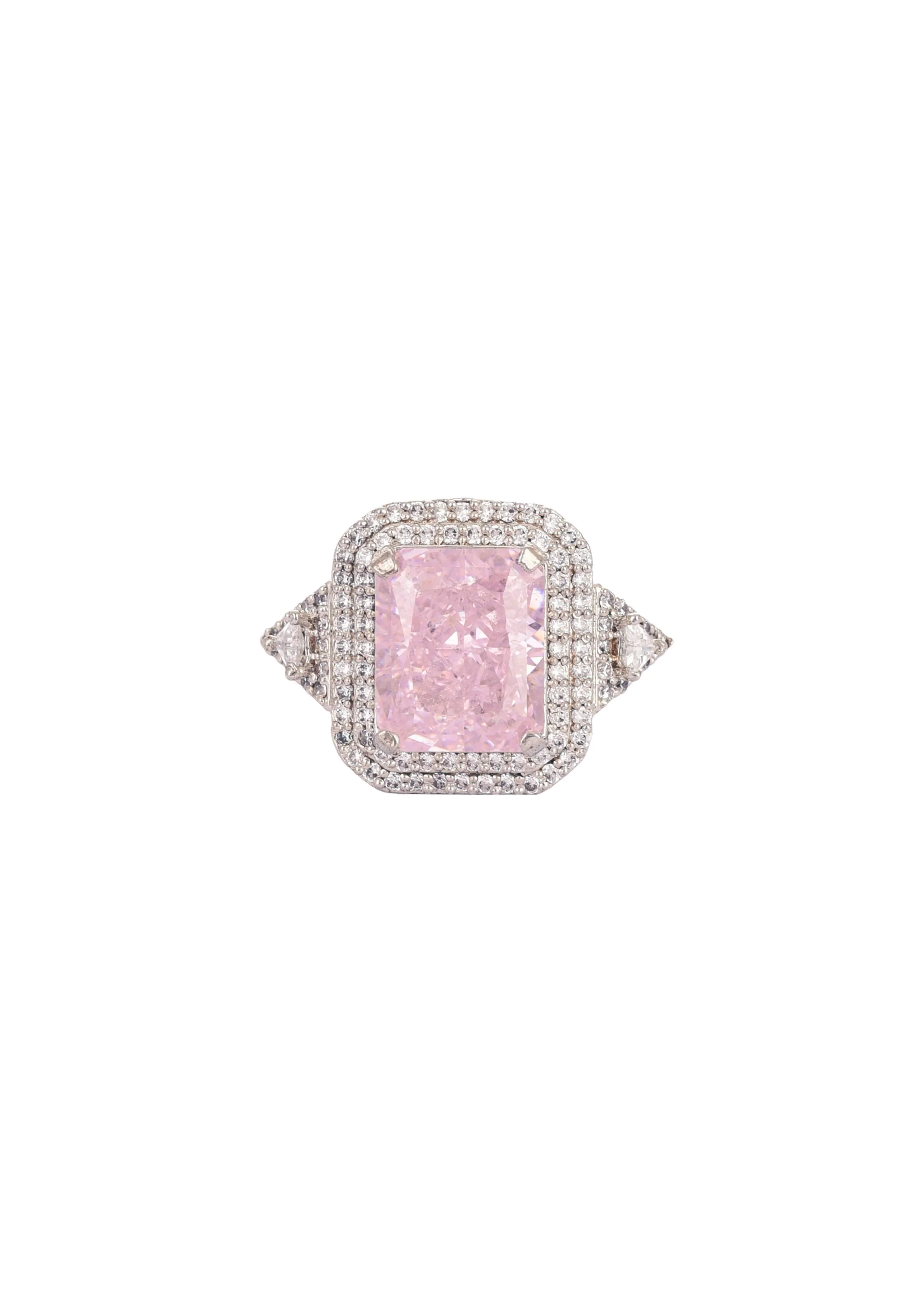 92.5 Sterling Silver Ring with Pink Stone And Faux Diamonds