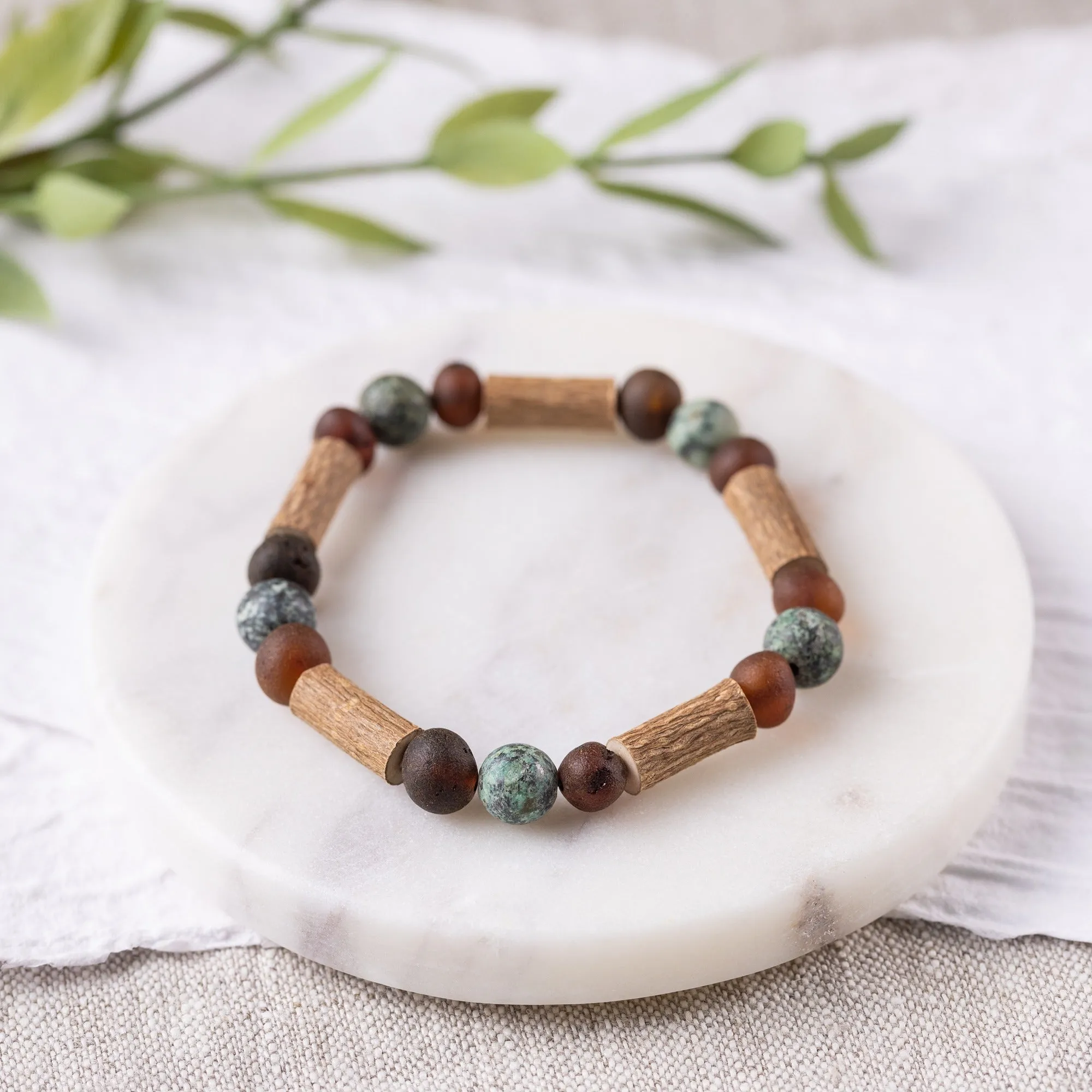 Adults | African Turquoise   Raw Cherry Amber Hazelwood Bracelet