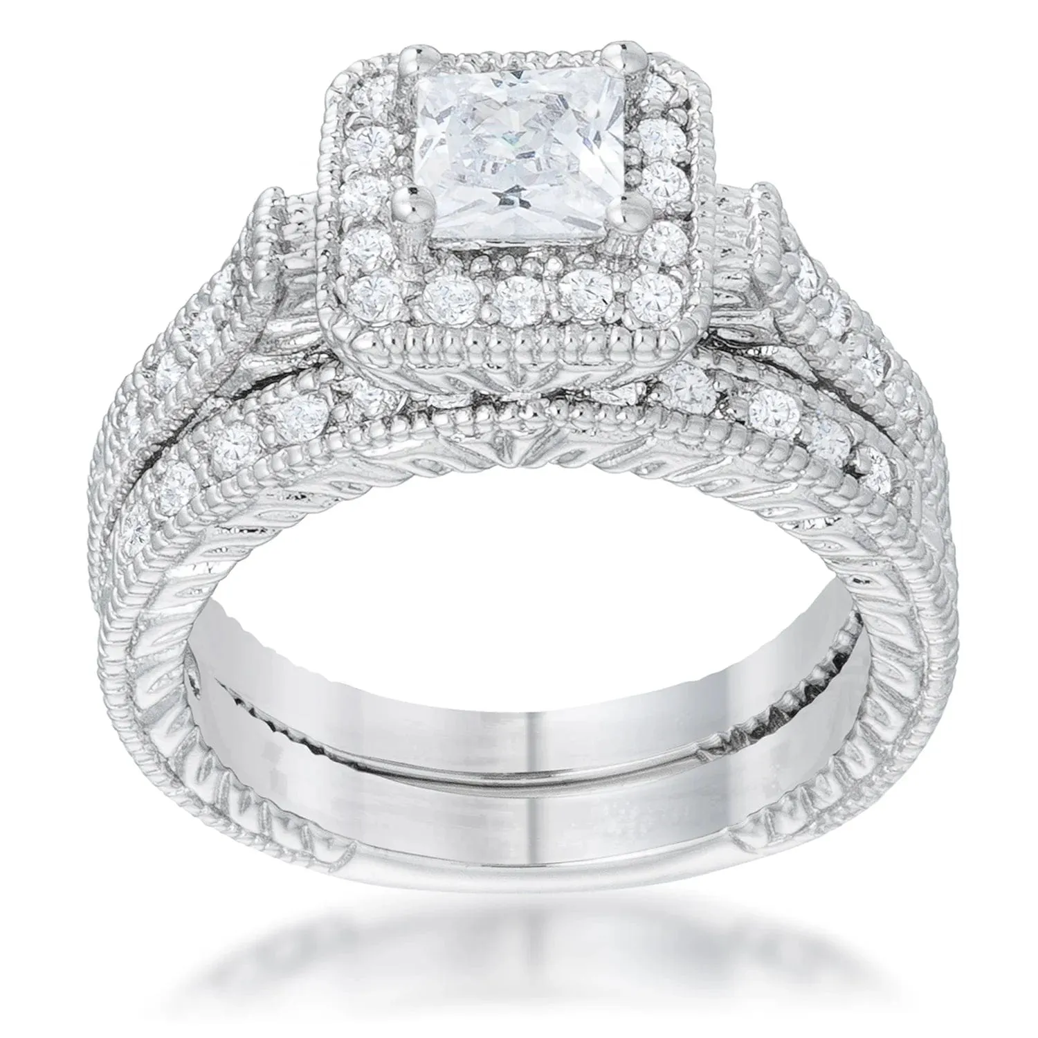 Art Deco Princess Cut 3.9 Ct CZ Stone Bridal Set - Size 7