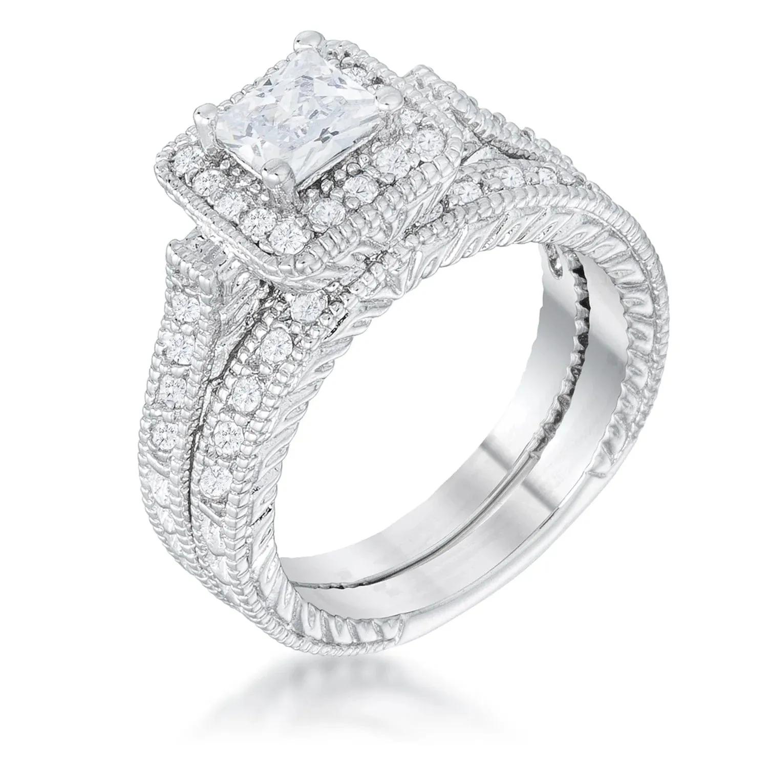 Art Deco Princess Cut 3.9 Ct CZ Stone Bridal Set - Size 7