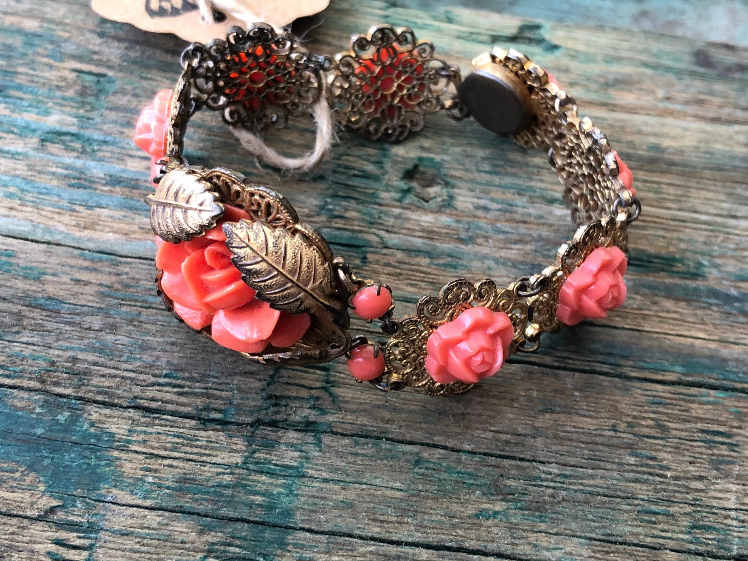 Art Nouveau Brass Leaf & Filigree Molded Pink Coral Celluloid Gilded Gold Link Bracelet
