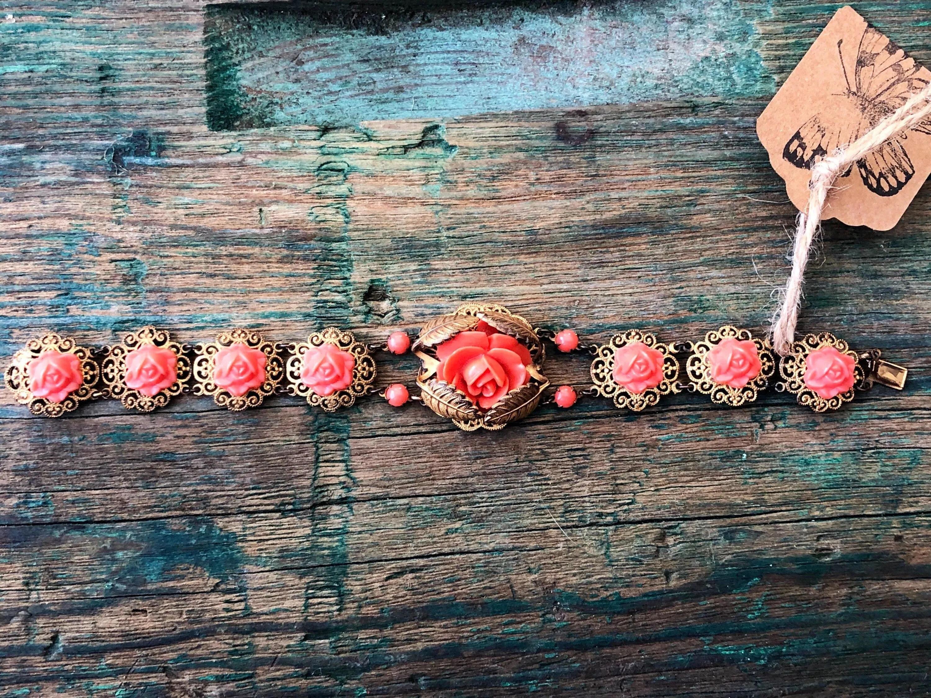 Art Nouveau Brass Leaf & Filigree Molded Pink Coral Celluloid Gilded Gold Link Bracelet