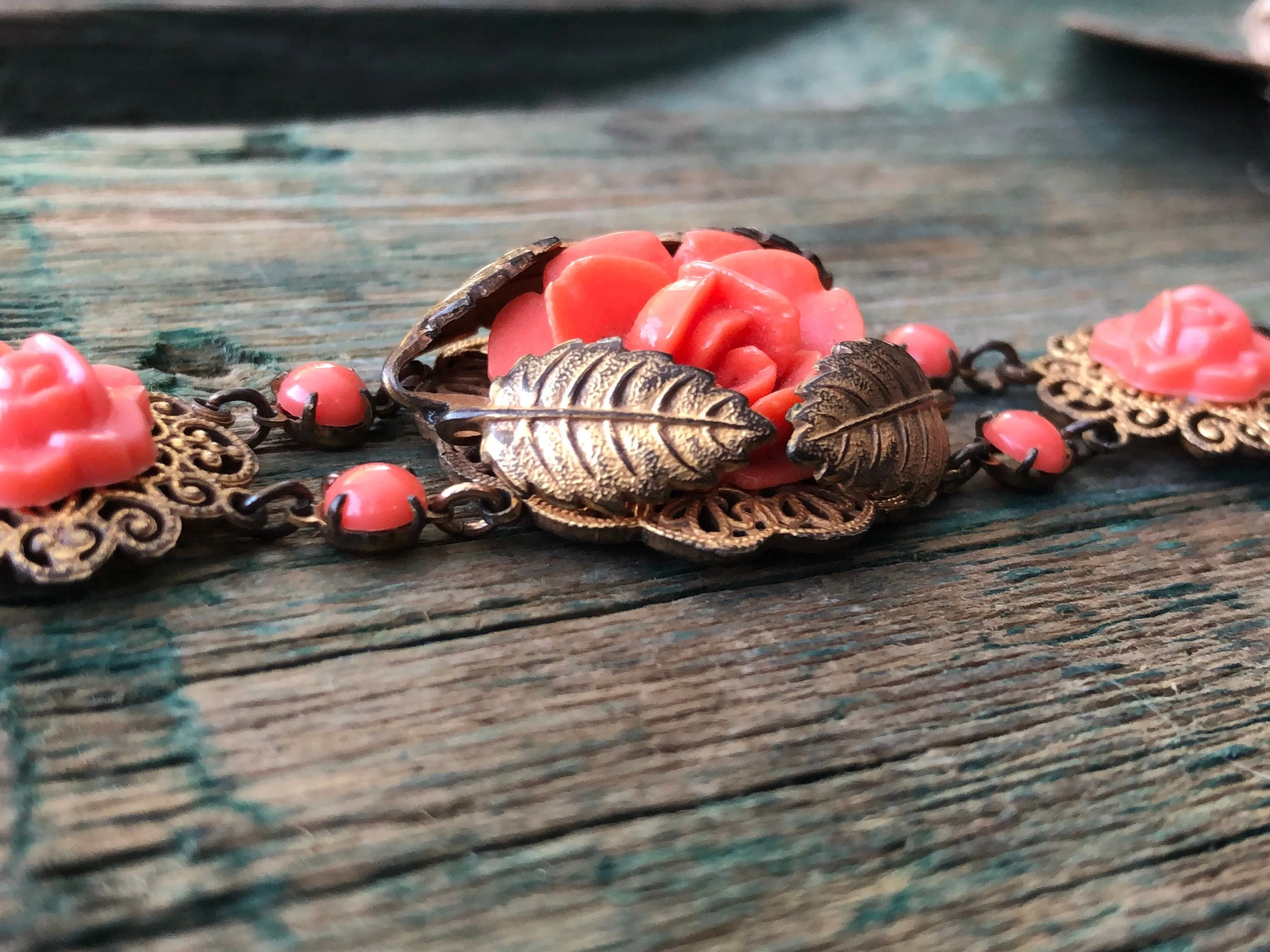 Art Nouveau Brass Leaf & Filigree Molded Pink Coral Celluloid Gilded Gold Link Bracelet