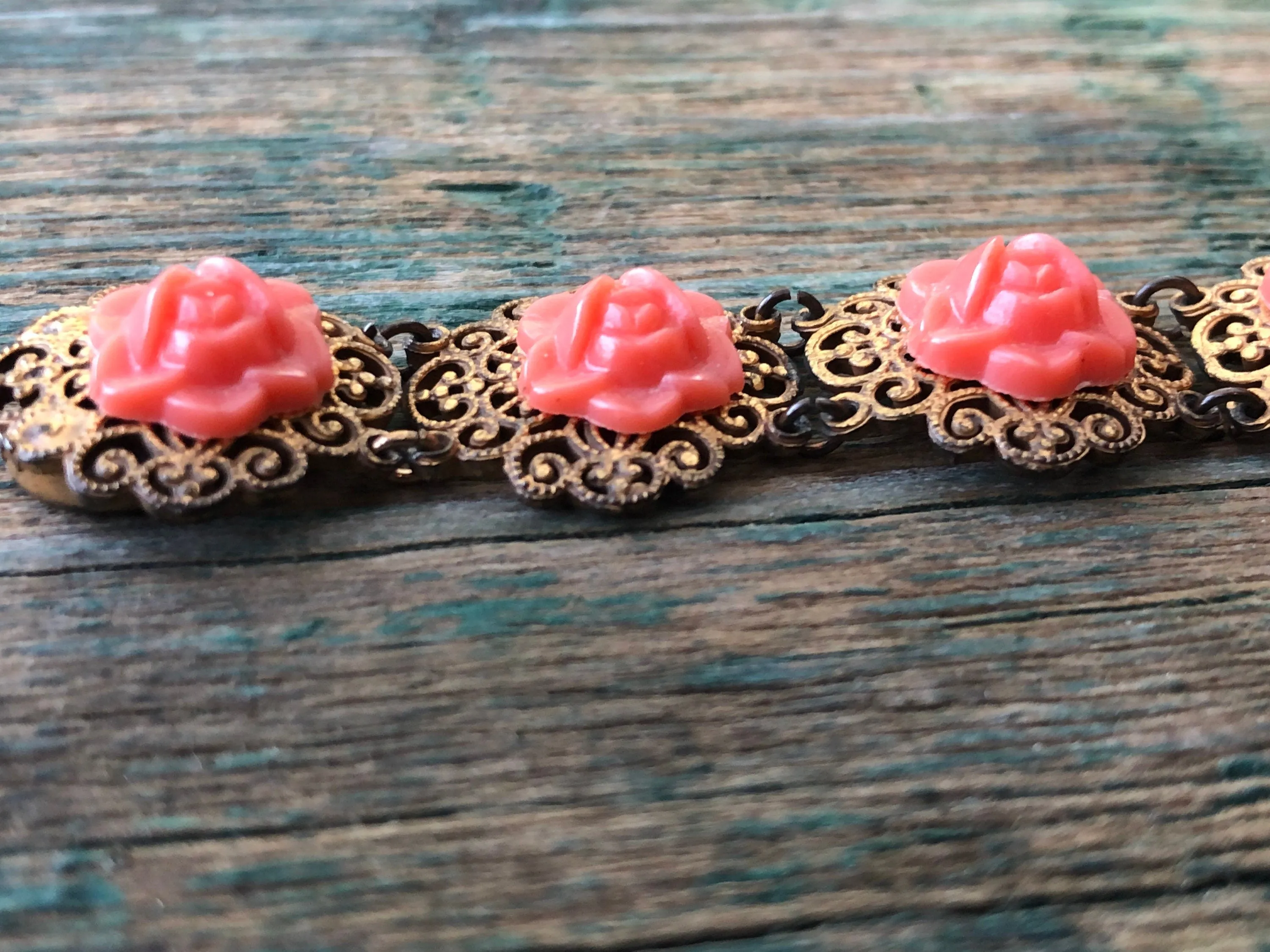 Art Nouveau Brass Leaf & Filigree Molded Pink Coral Celluloid Gilded Gold Link Bracelet