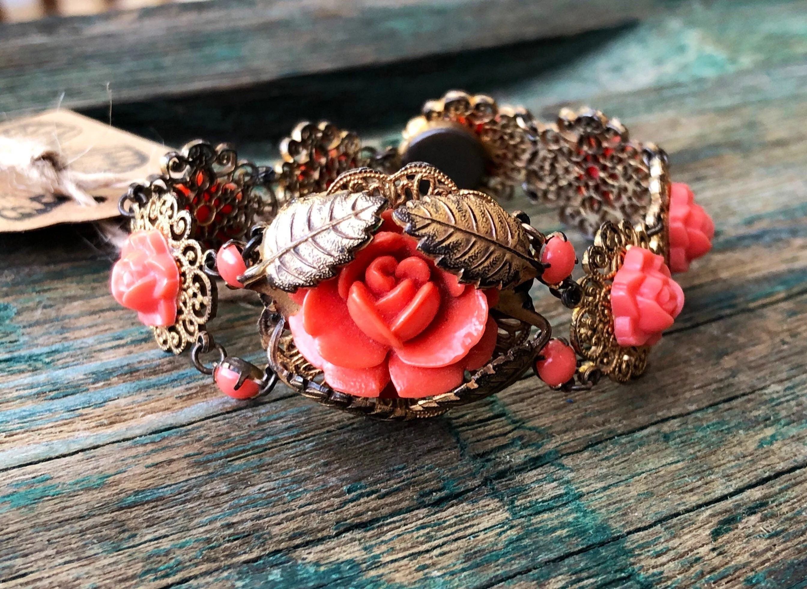 Art Nouveau Brass Leaf & Filigree Molded Pink Coral Celluloid Gilded Gold Link Bracelet