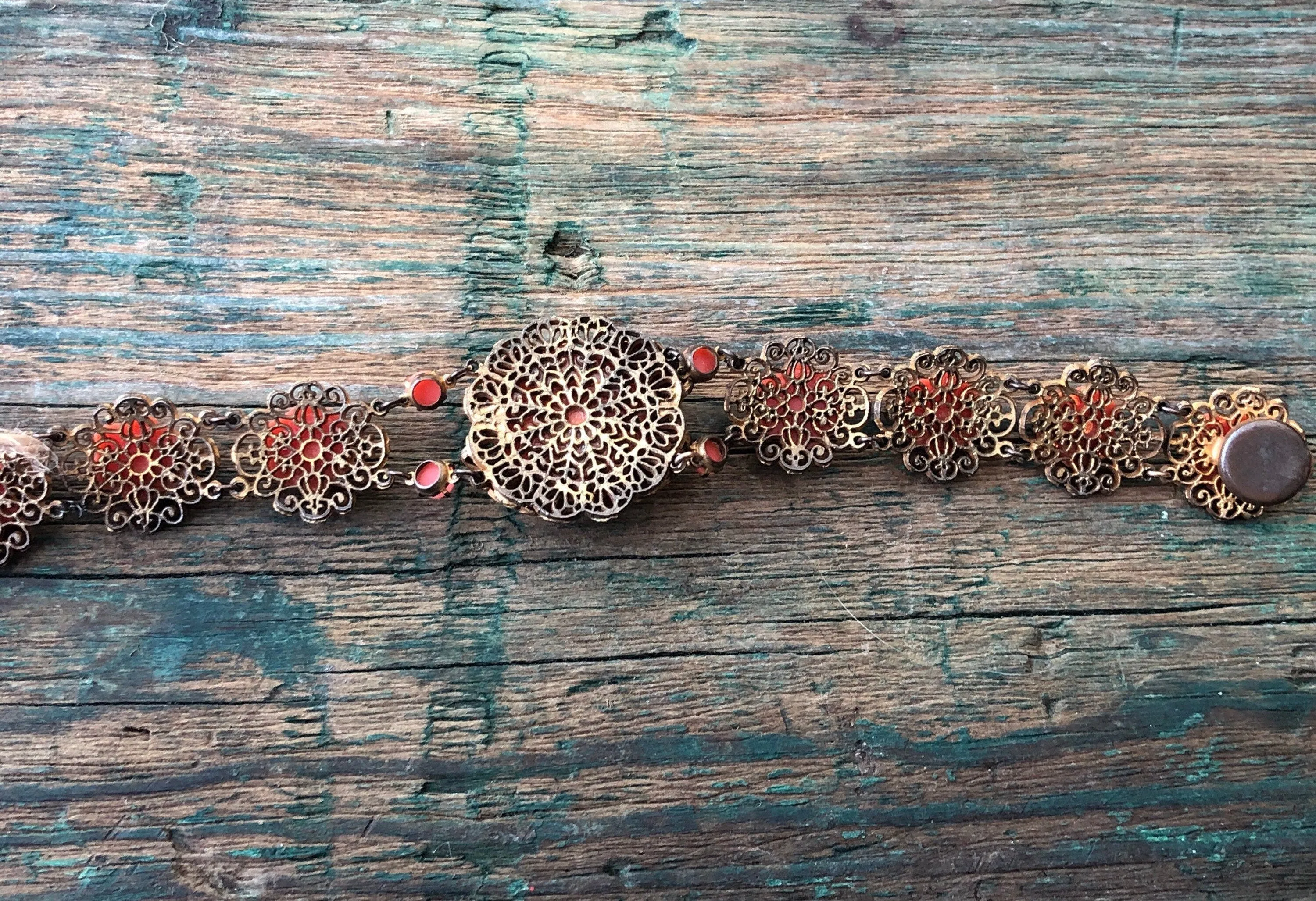 Art Nouveau Brass Leaf & Filigree Molded Pink Coral Celluloid Gilded Gold Link Bracelet