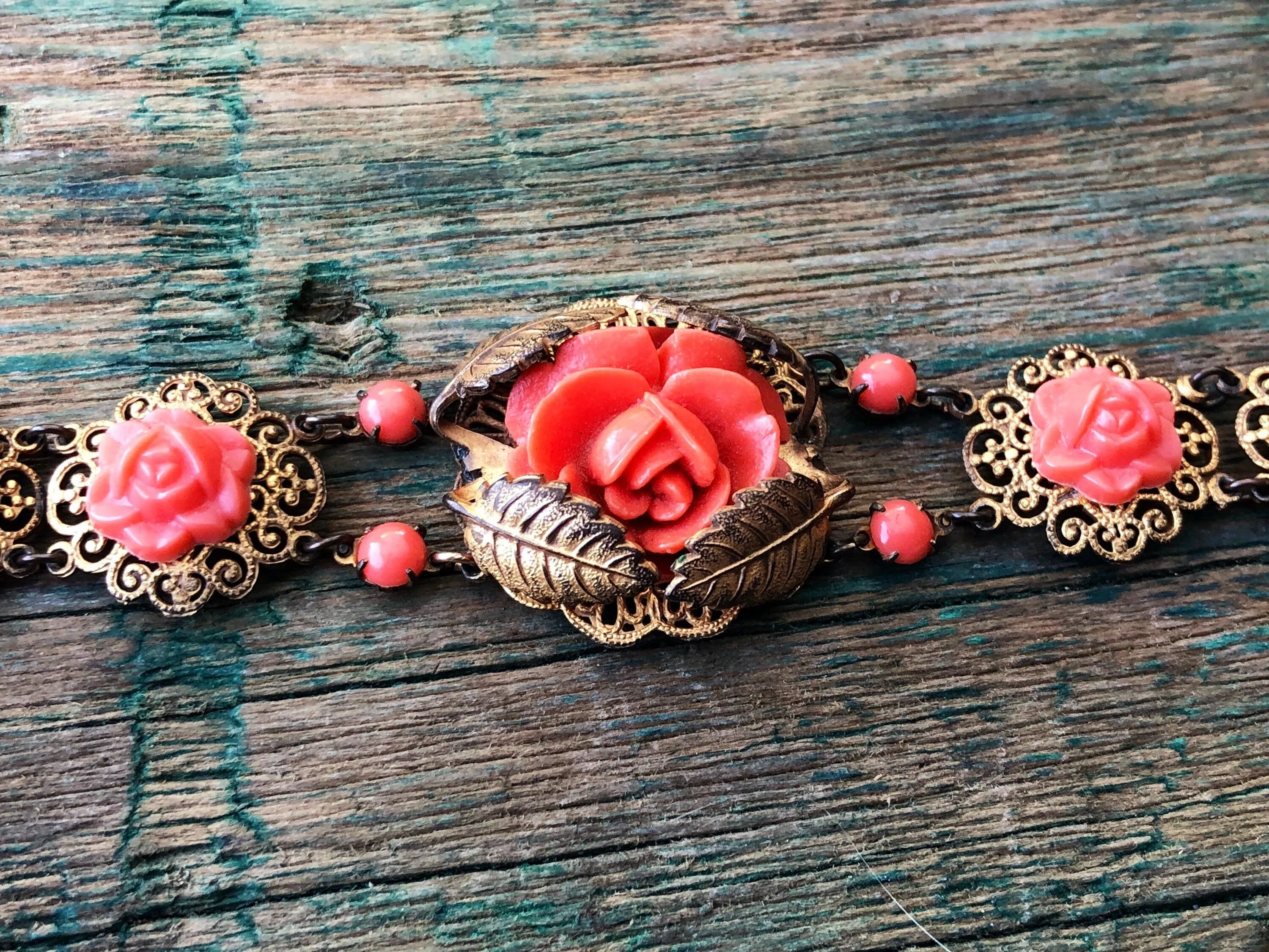 Art Nouveau Brass Leaf & Filigree Molded Pink Coral Celluloid Gilded Gold Link Bracelet