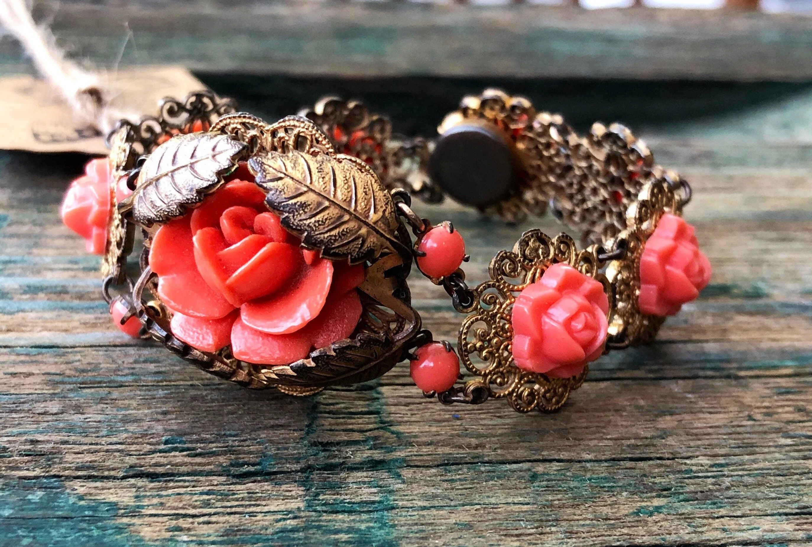 Art Nouveau Brass Leaf & Filigree Molded Pink Coral Celluloid Gilded Gold Link Bracelet