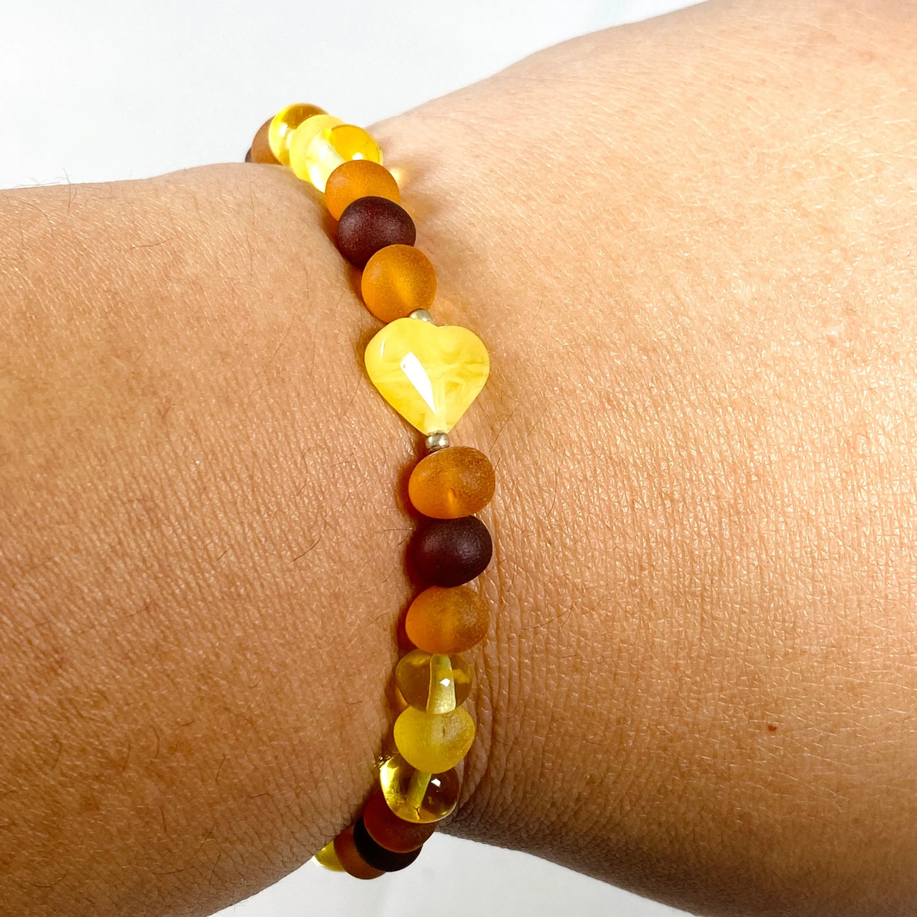 Baltic Amber multi stone 4mm beaded bracelet with heart AMB189