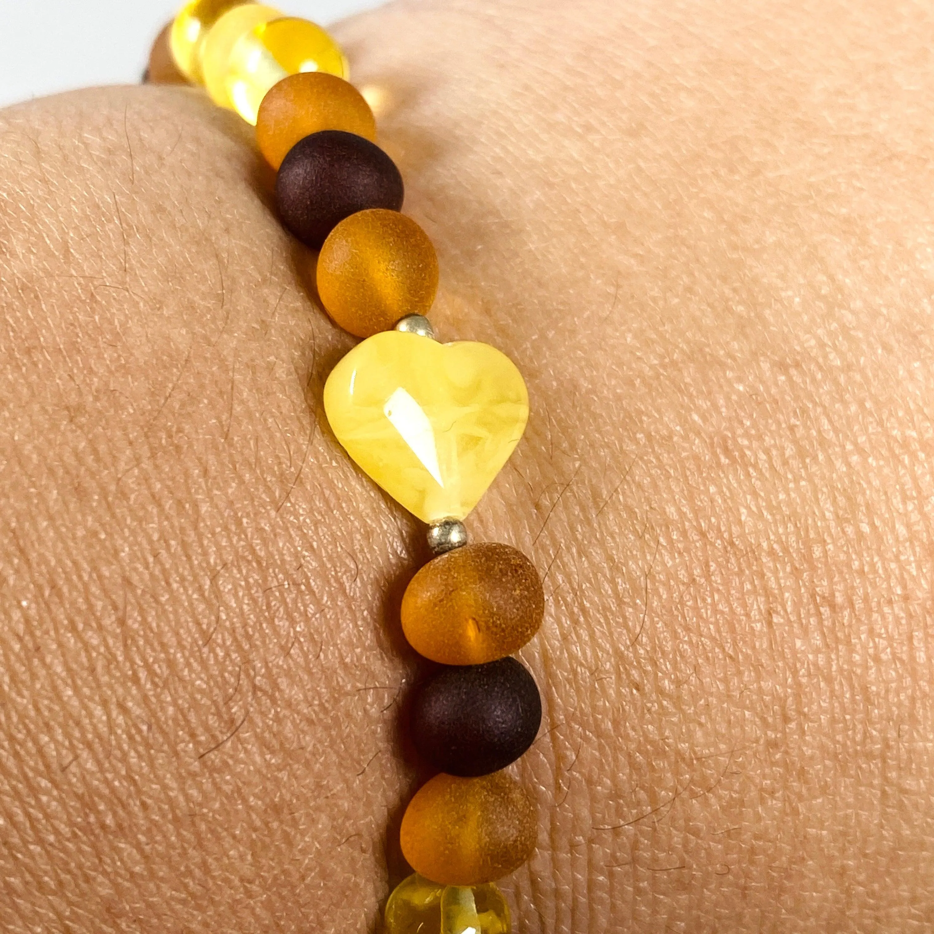 Baltic Amber multi stone 4mm beaded bracelet with heart AMB189