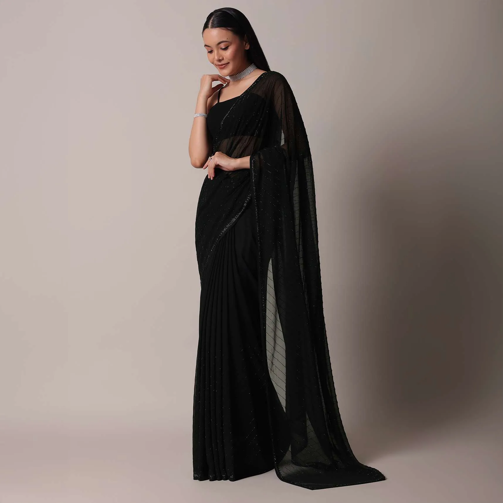 Black Striped Saree With Swarovski Embellishments And Unstitched Blouse Piece