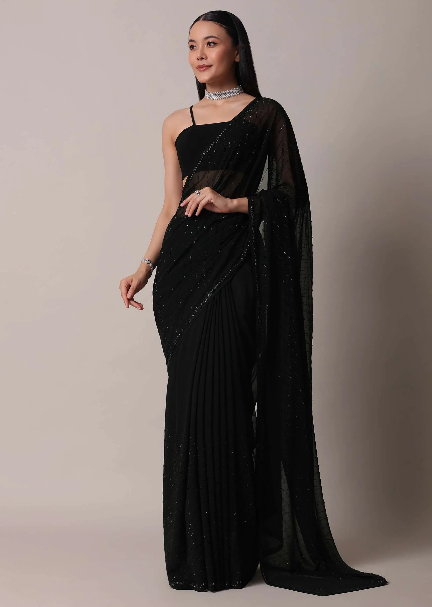 Black Striped Saree With Swarovski Embellishments And Unstitched Blouse Piece
