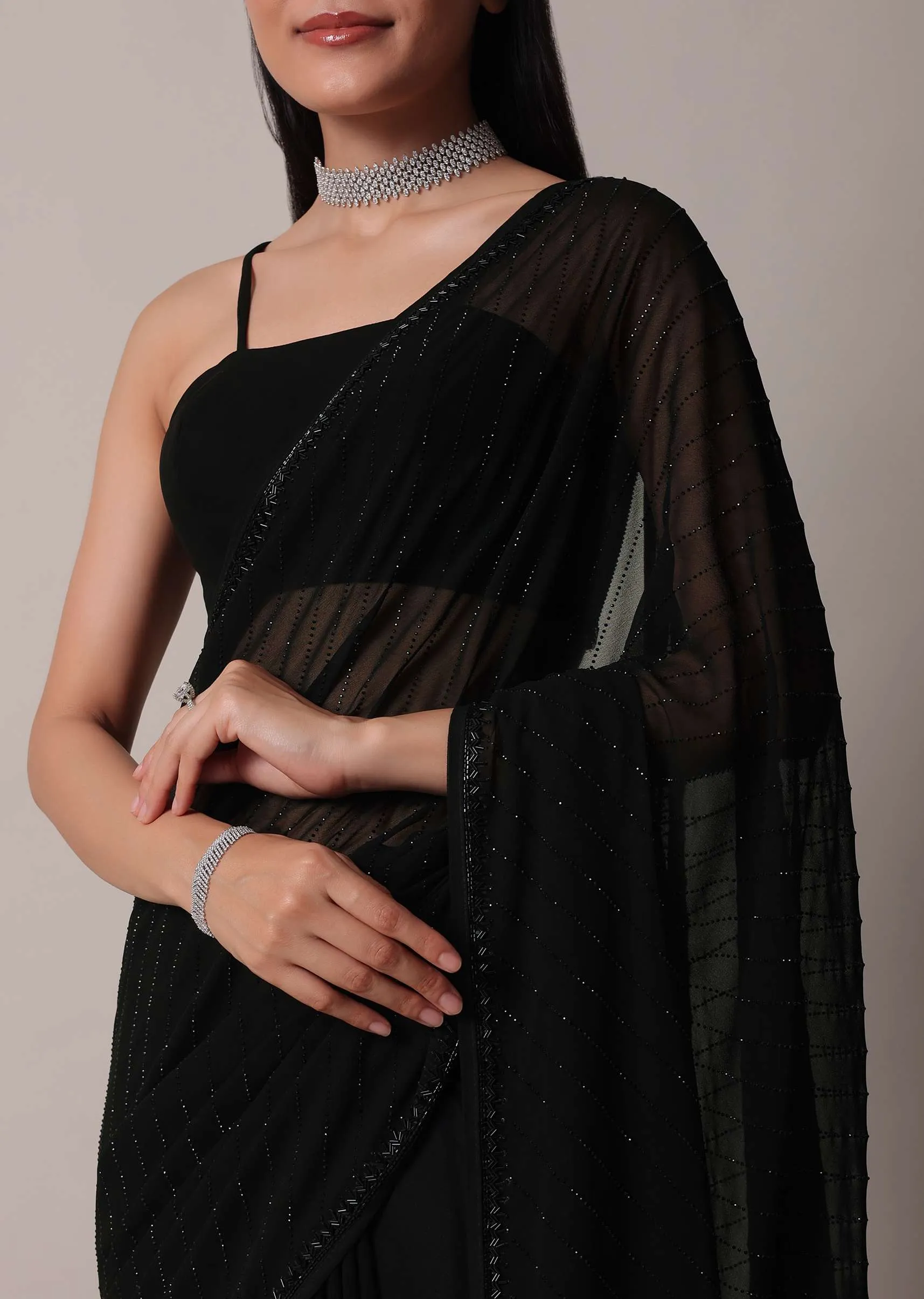 Black Striped Saree With Swarovski Embellishments And Unstitched Blouse Piece