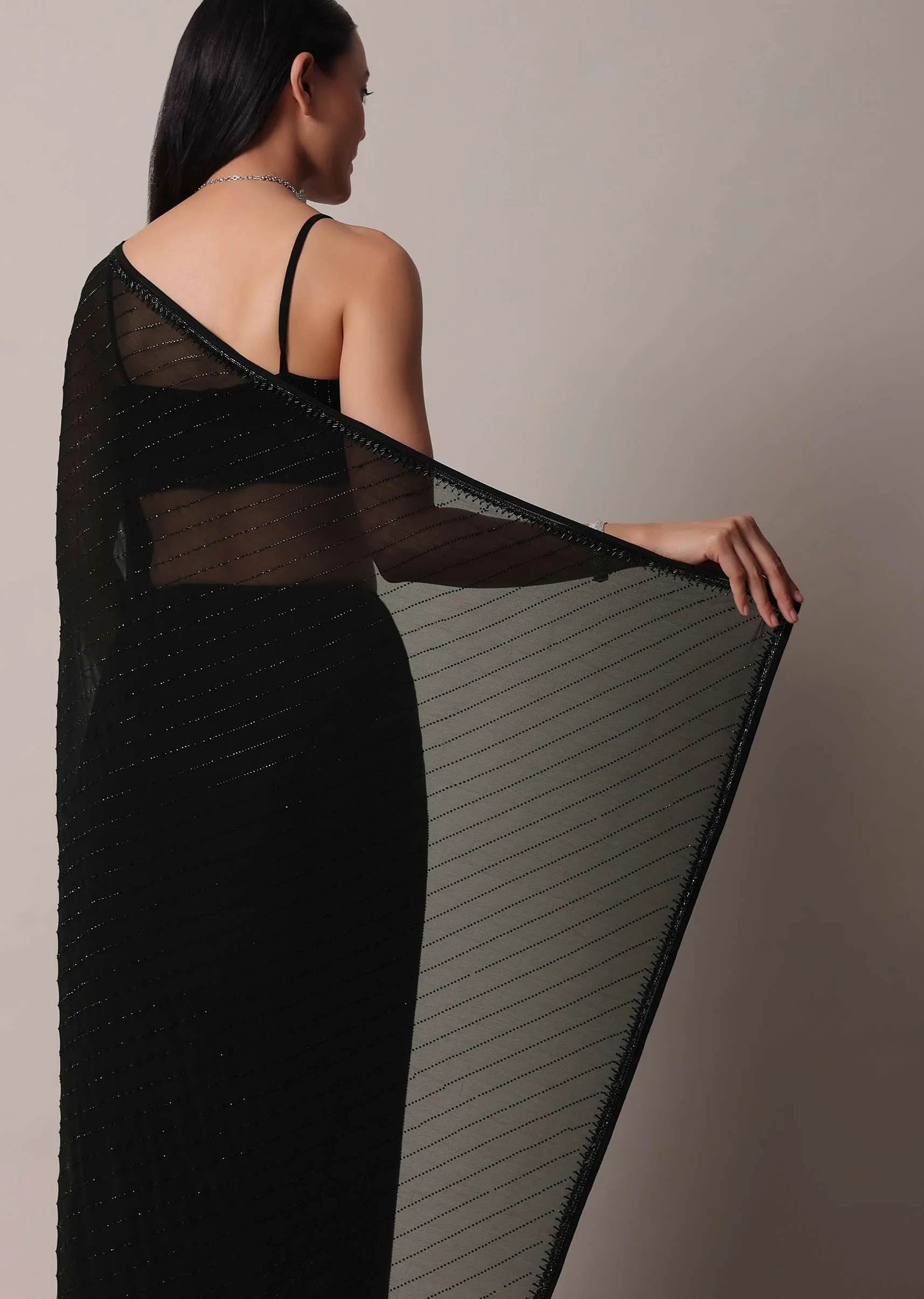 Black Striped Saree With Swarovski Embellishments And Unstitched Blouse Piece
