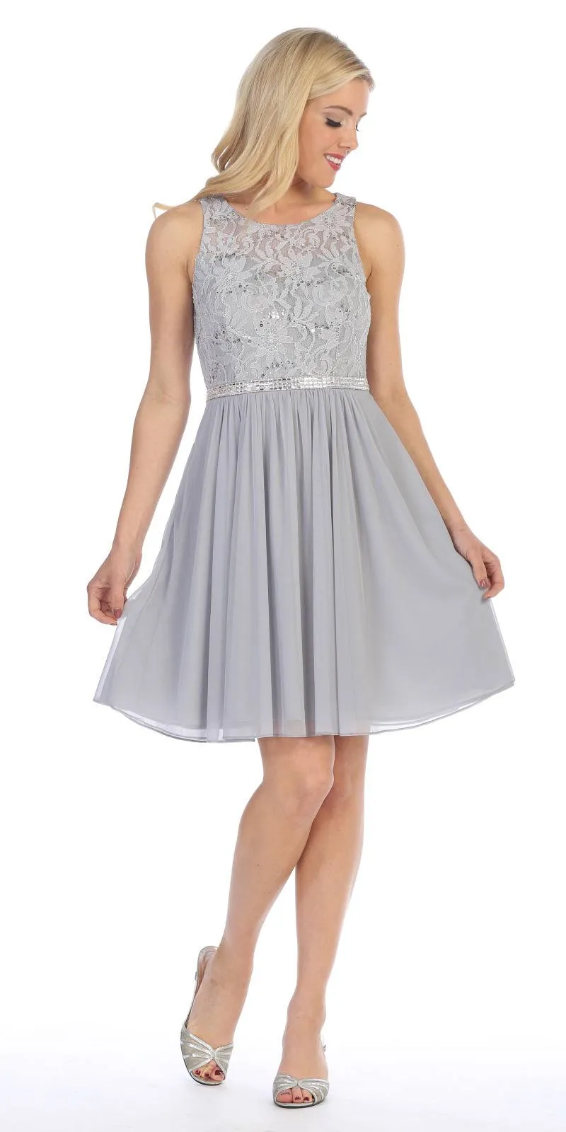 Celavie 6344S Short Sleeveless Party Lace/Chiffon Dress A-line