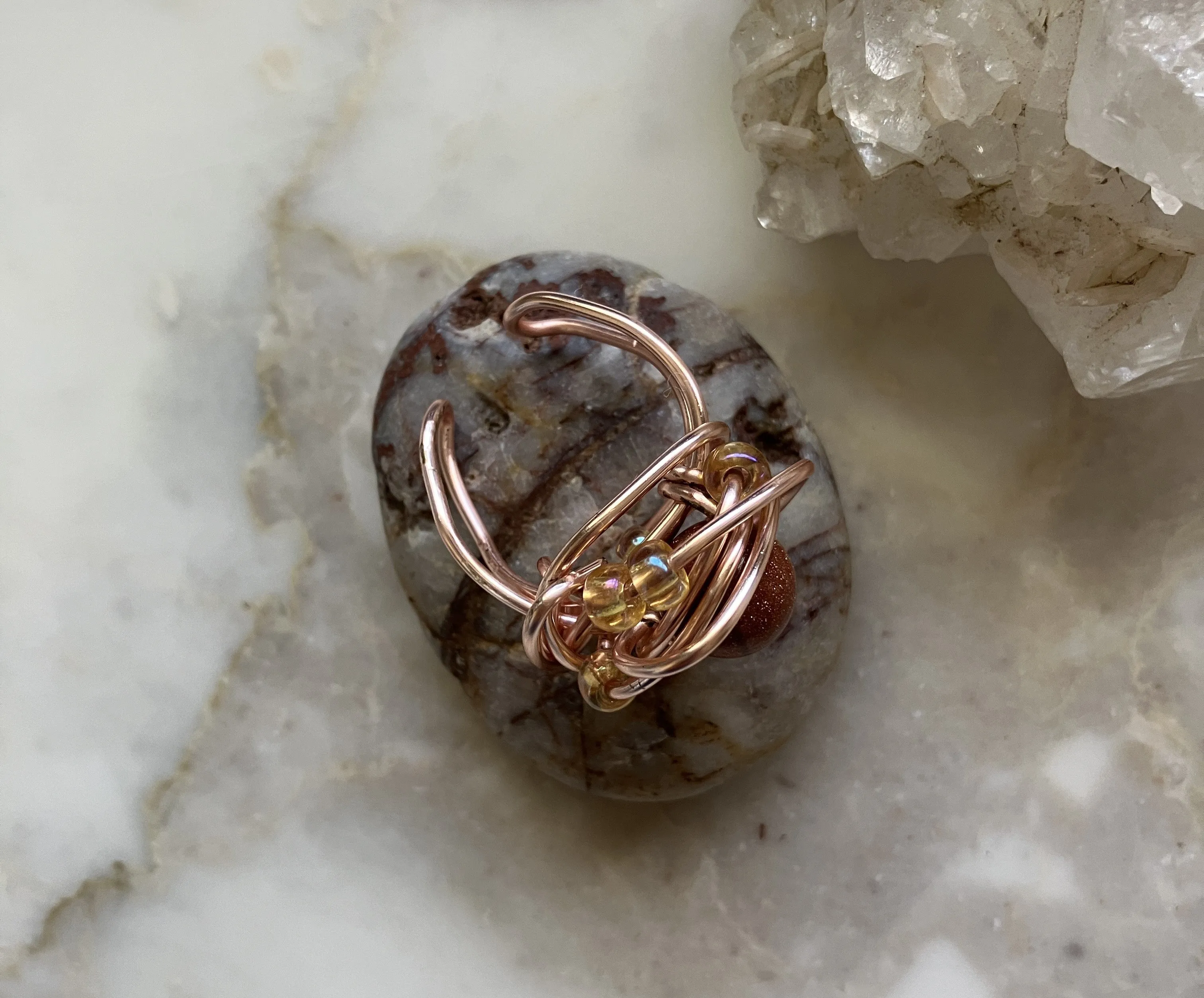 Goldstone with Glass Beads Ring