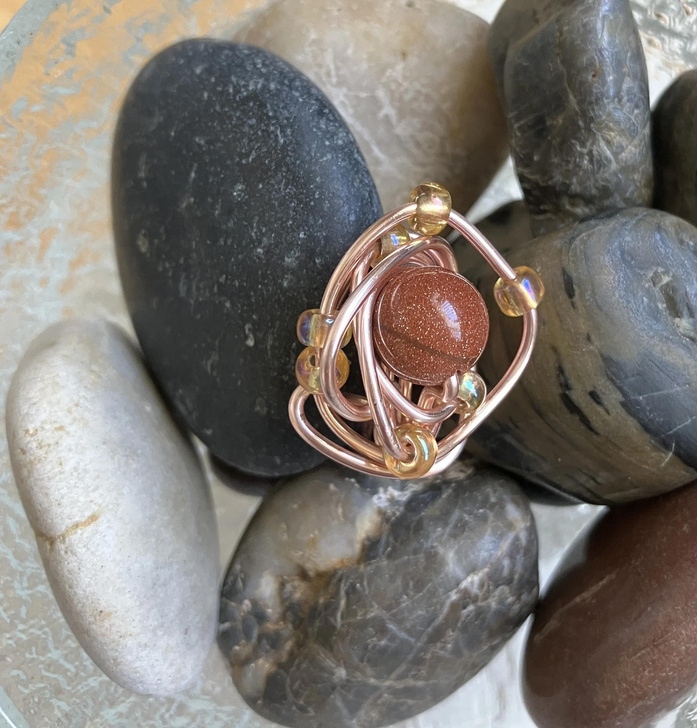 Goldstone with Glass Beads Ring