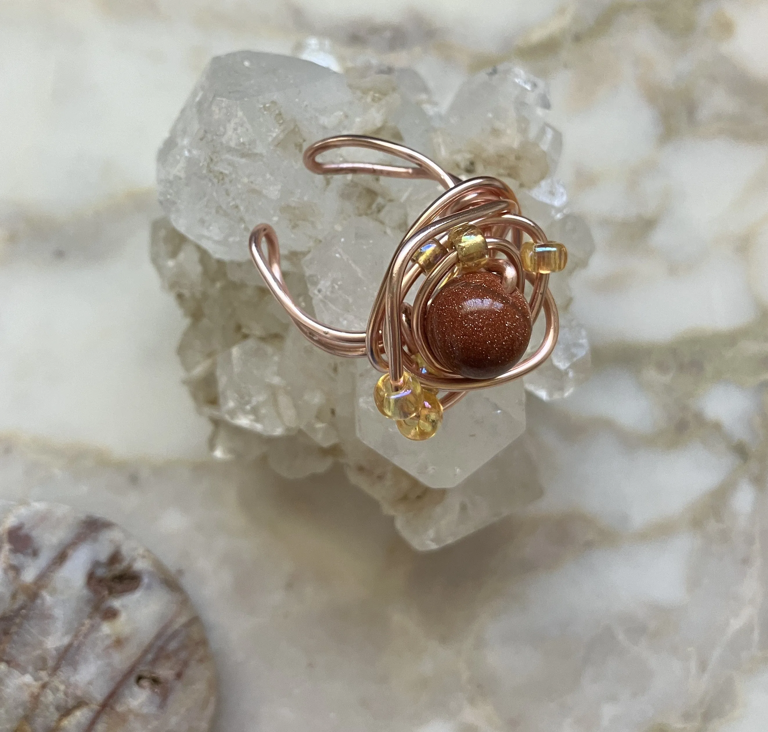 Goldstone with Glass Beads Ring