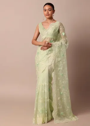 Green Chikankari Saree In Organza Silk With Resham Floral Jaal And Unstitched Blouse Fabric
