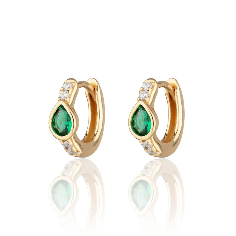 Green Teardrop Huggie Hoop Earrings - Gold - SPG-289