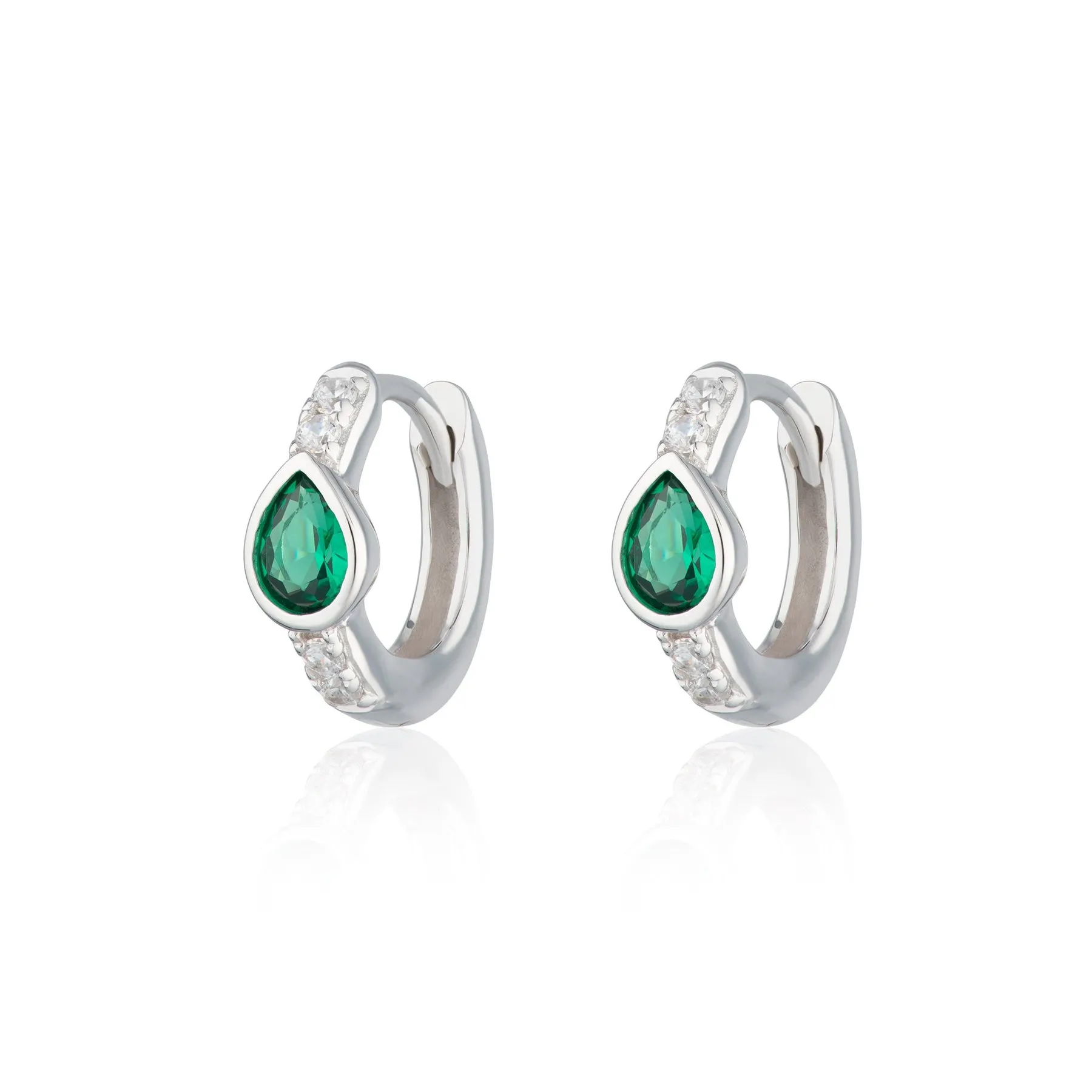 Green Teardrop Huggie Hoop Earrings - Silver - SPS-289