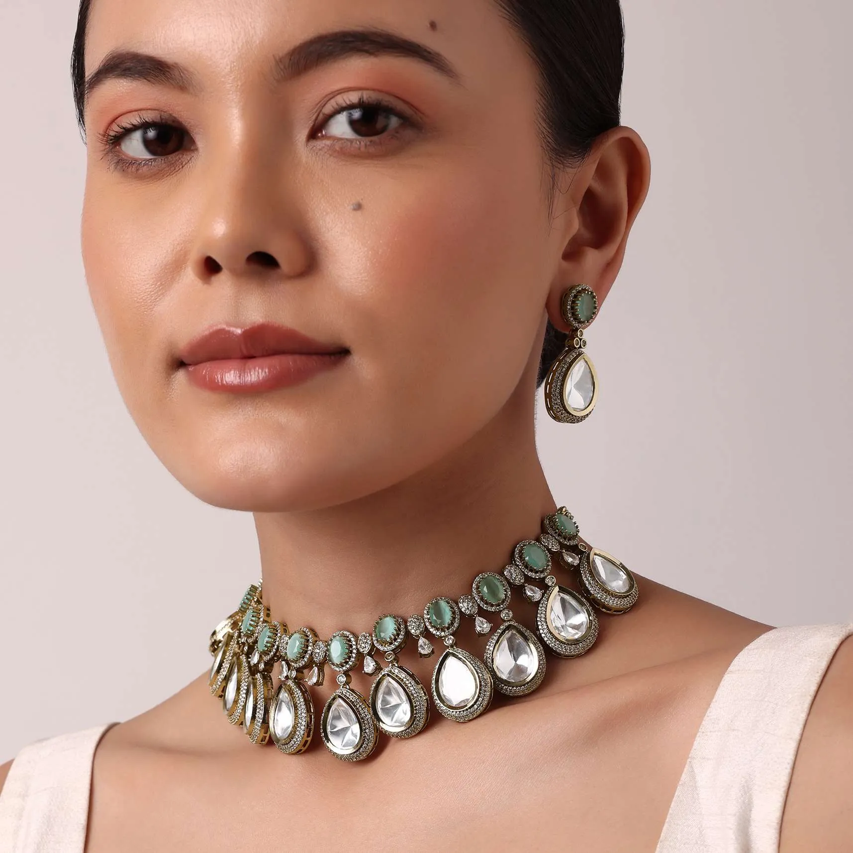 Multicolor Polki Choker Set With Faux Diamonds