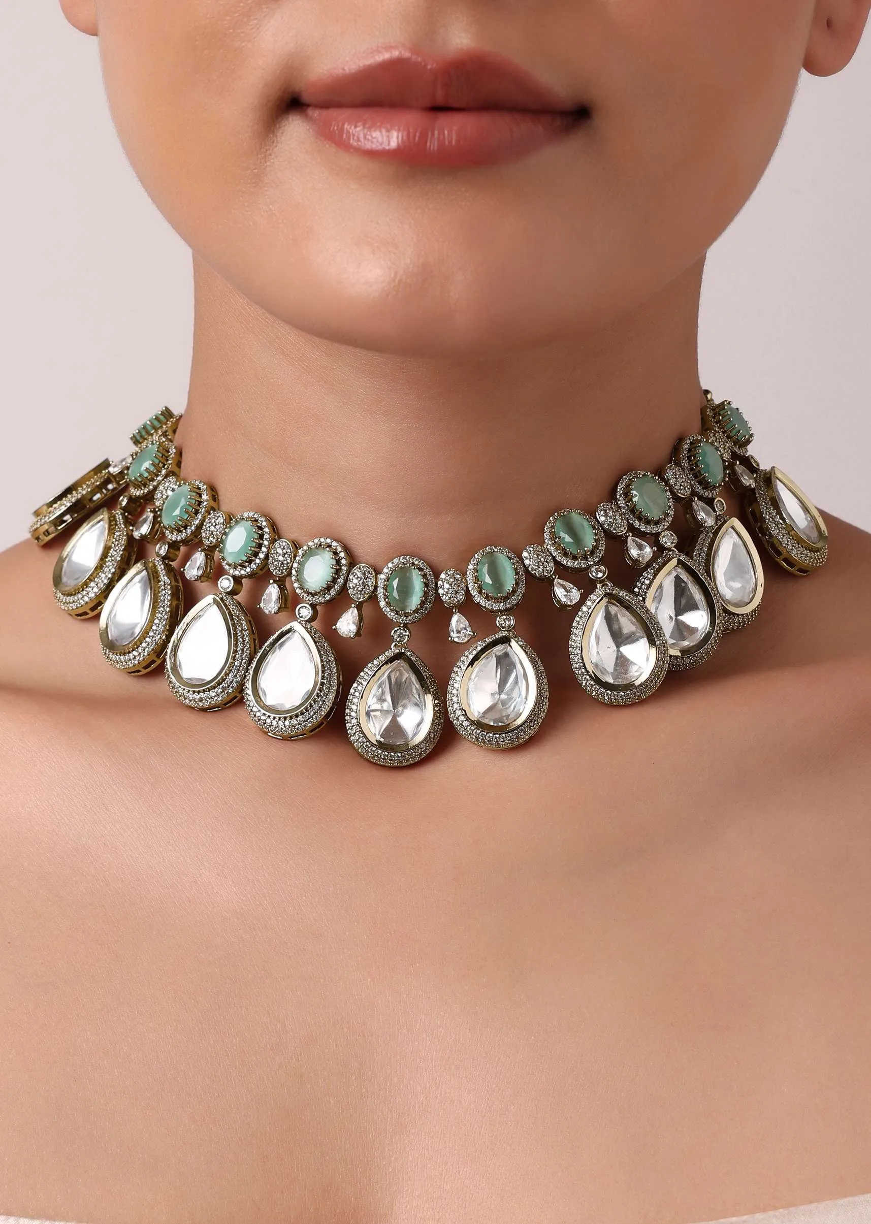 Multicolor Polki Choker Set With Faux Diamonds