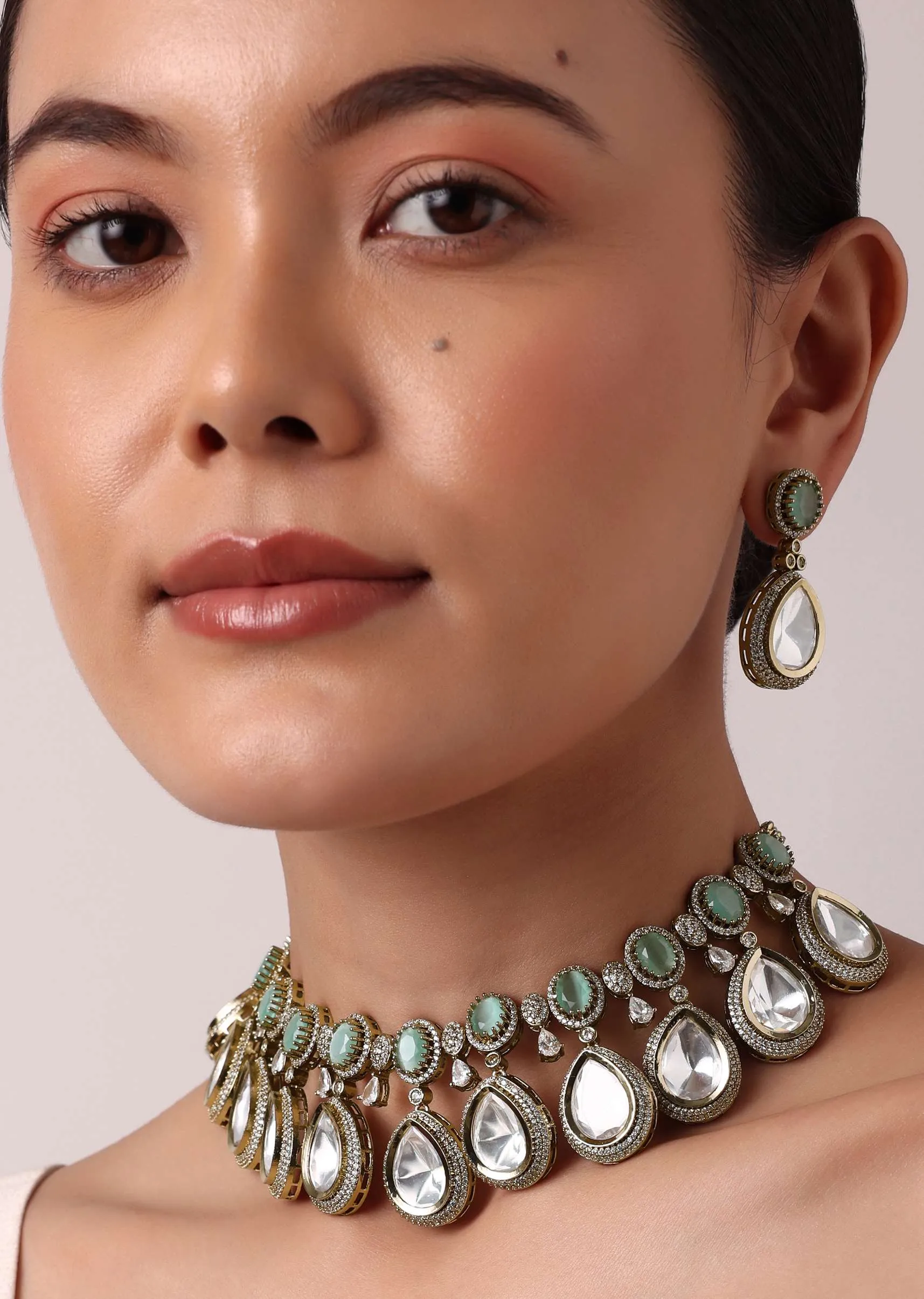 Multicolor Polki Choker Set With Faux Diamonds