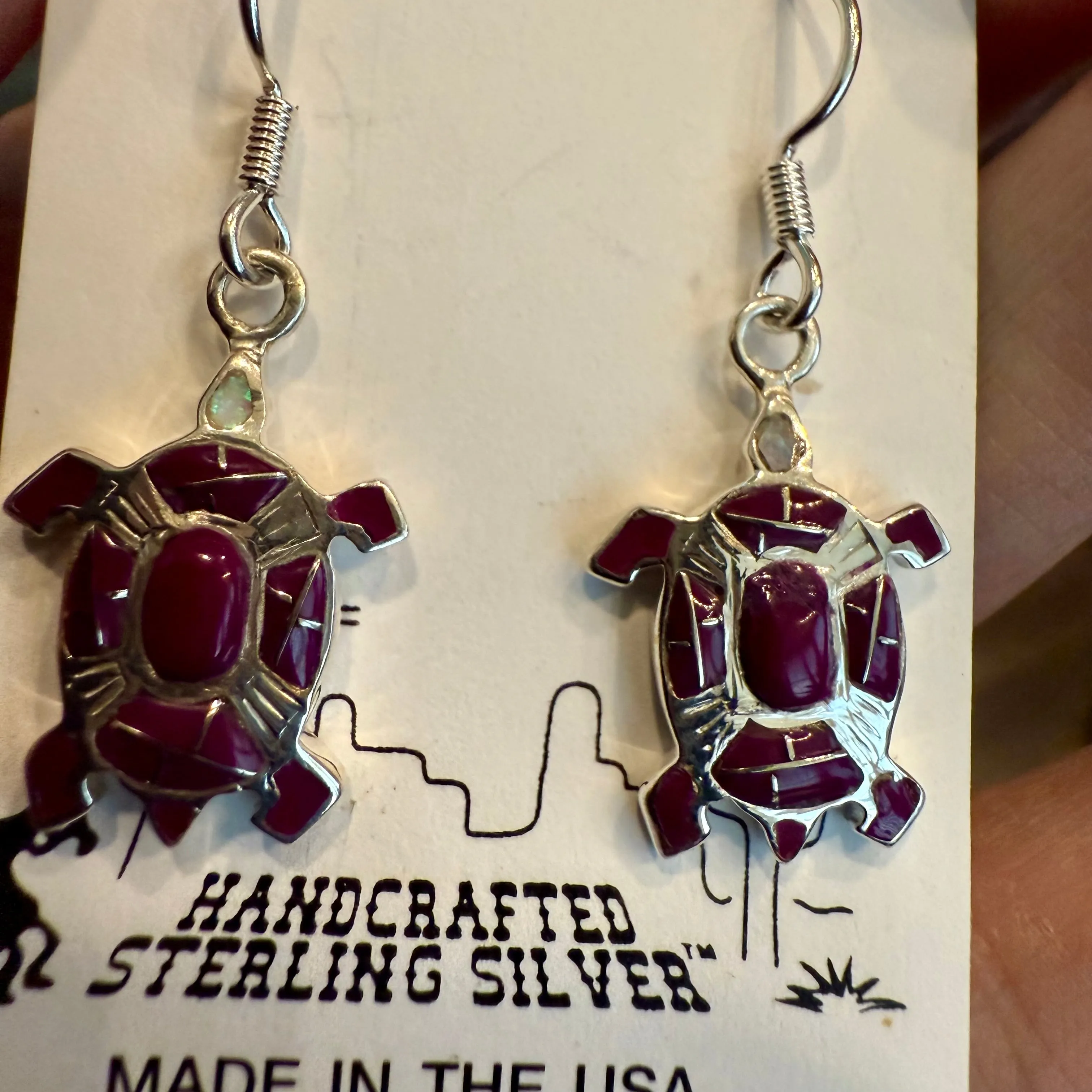 Navajo Made Mojave Purple Turquoise & Opal Turtle Sterling Silver Earrings New