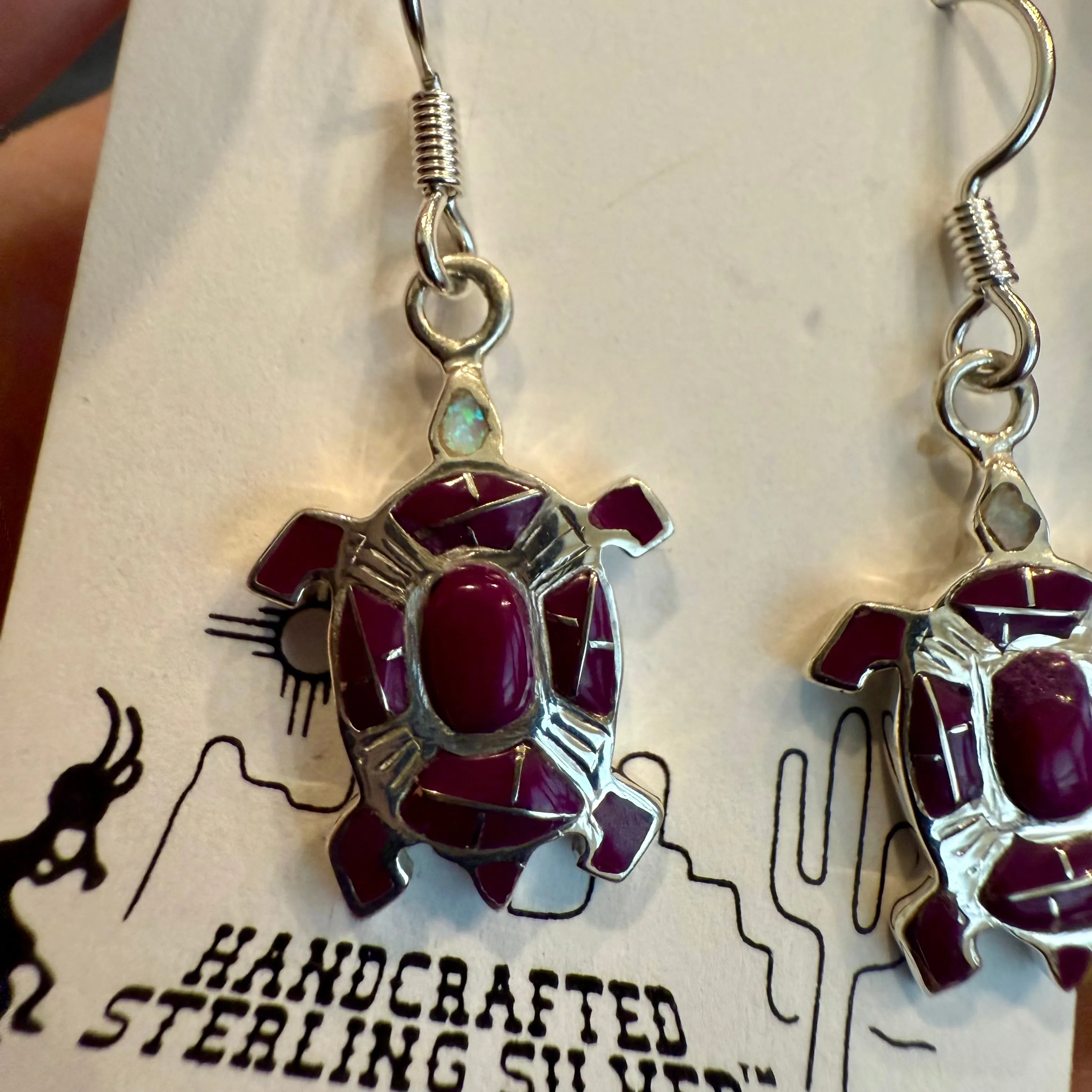 Navajo Made Mojave Purple Turquoise & Opal Turtle Sterling Silver Earrings New