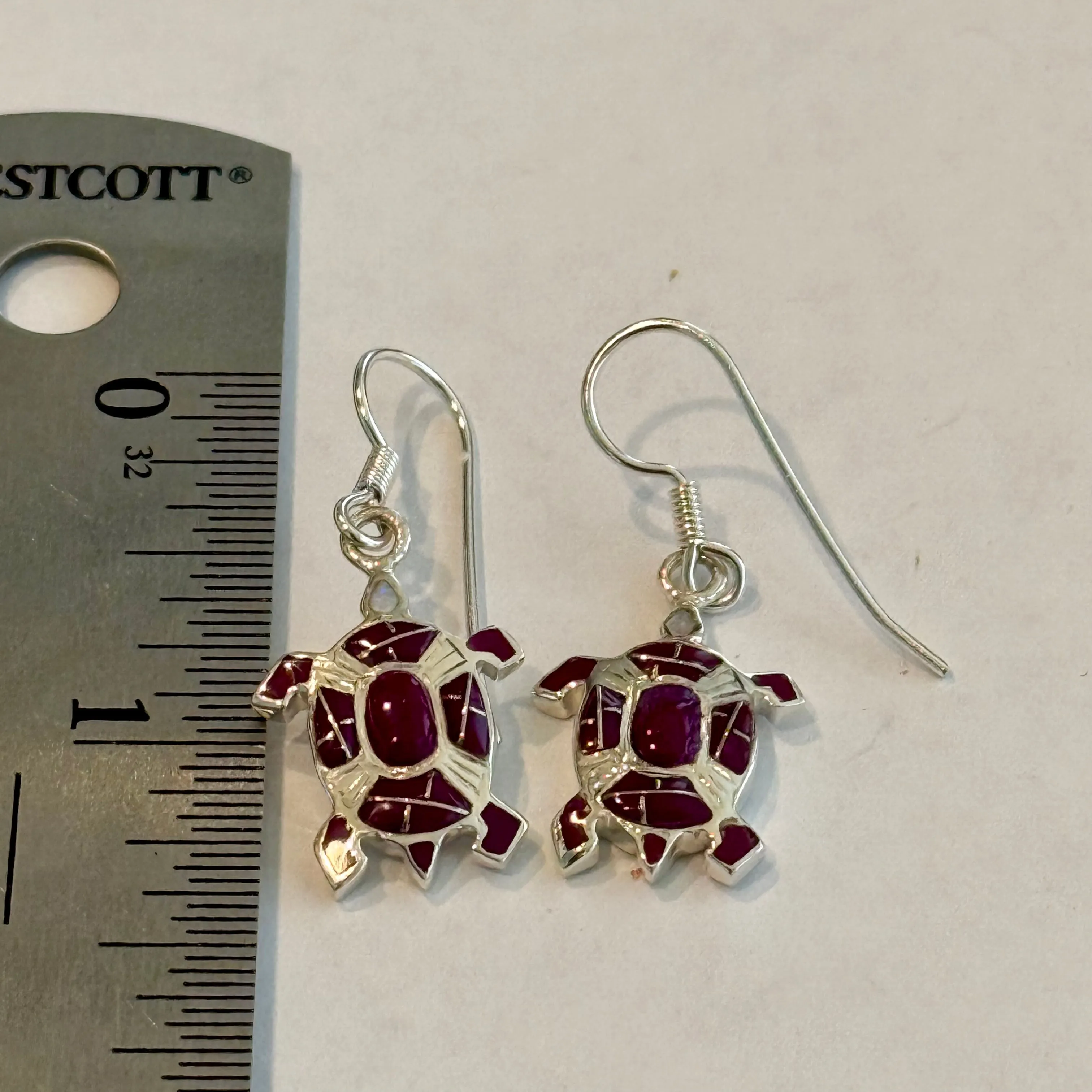 Navajo Made Mojave Purple Turquoise & Opal Turtle Sterling Silver Earrings New