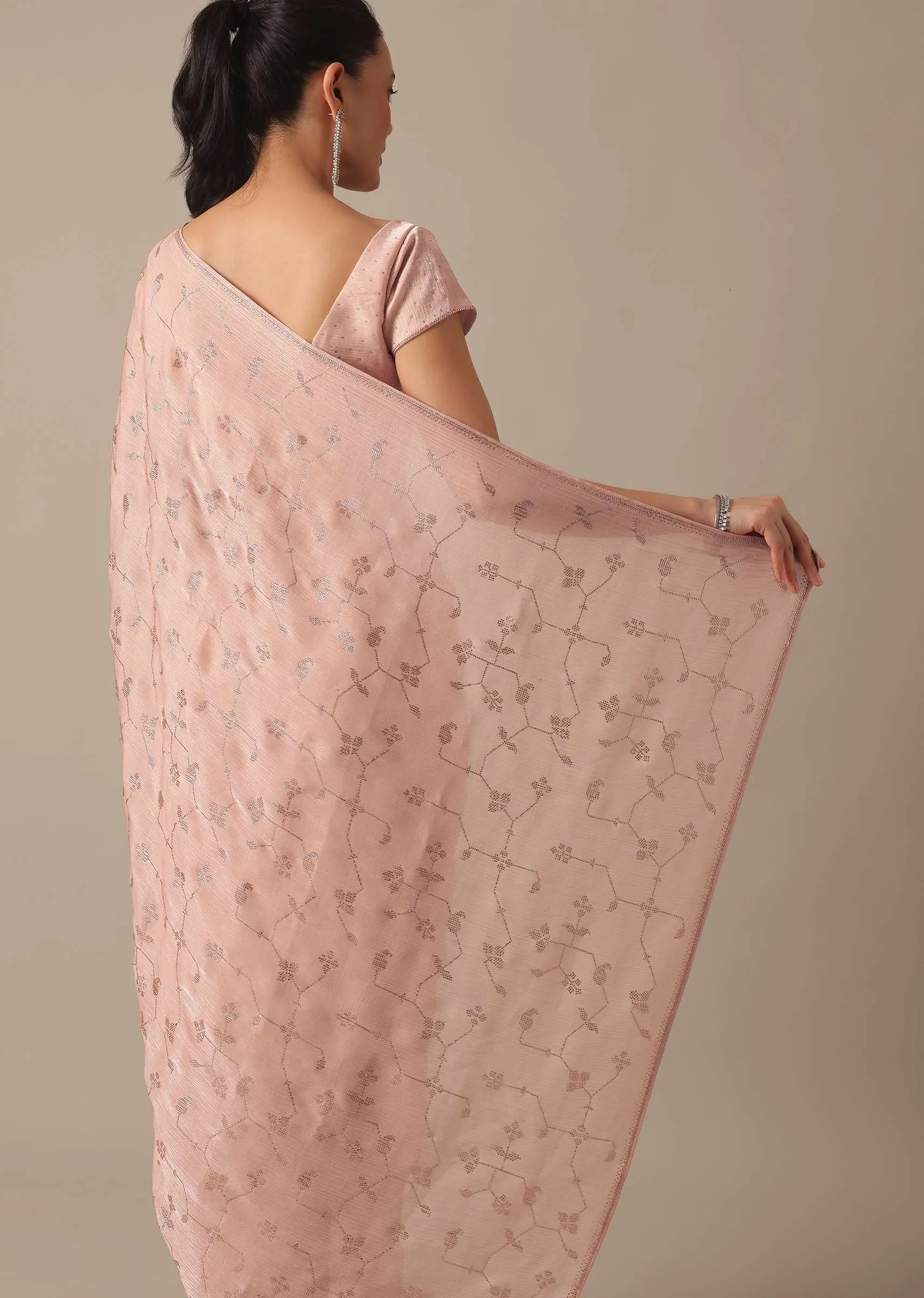 Peach Chiffon Saree With Swarovski Embellishments And Unstitched Blouse Piece