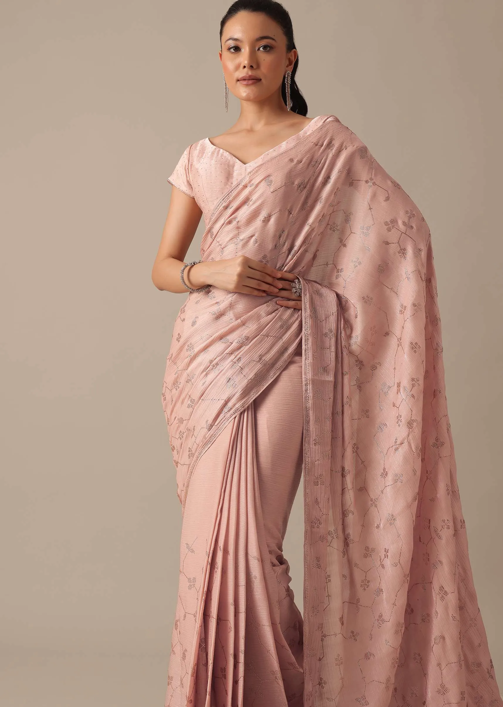 Peach Chiffon Saree With Swarovski Embellishments And Unstitched Blouse Piece