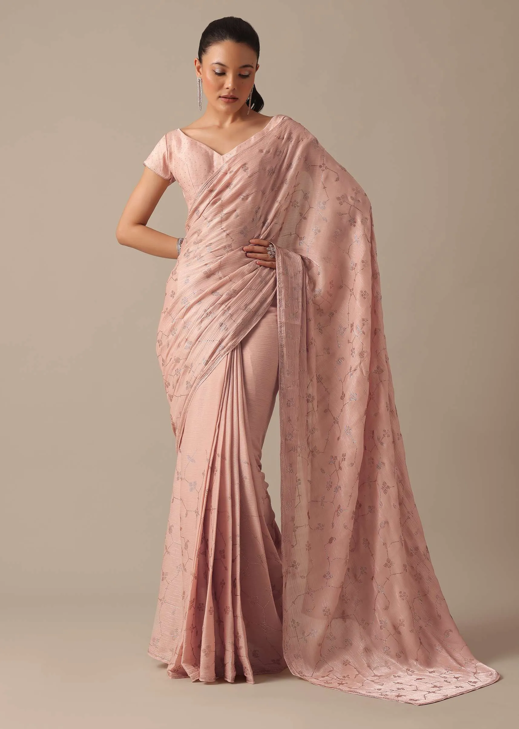 Peach Chiffon Saree With Swarovski Embellishments And Unstitched Blouse Piece
