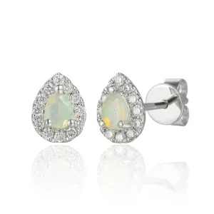 Pear Shaped Opal Diamond Cluster Earrings - 9ct White Gold