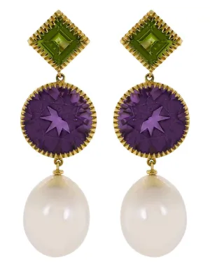 Peridot, Amethyst, and Pearl Three Drop Earrings