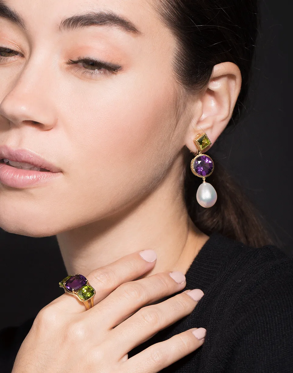 Peridot, Amethyst, and Pearl Three Drop Earrings