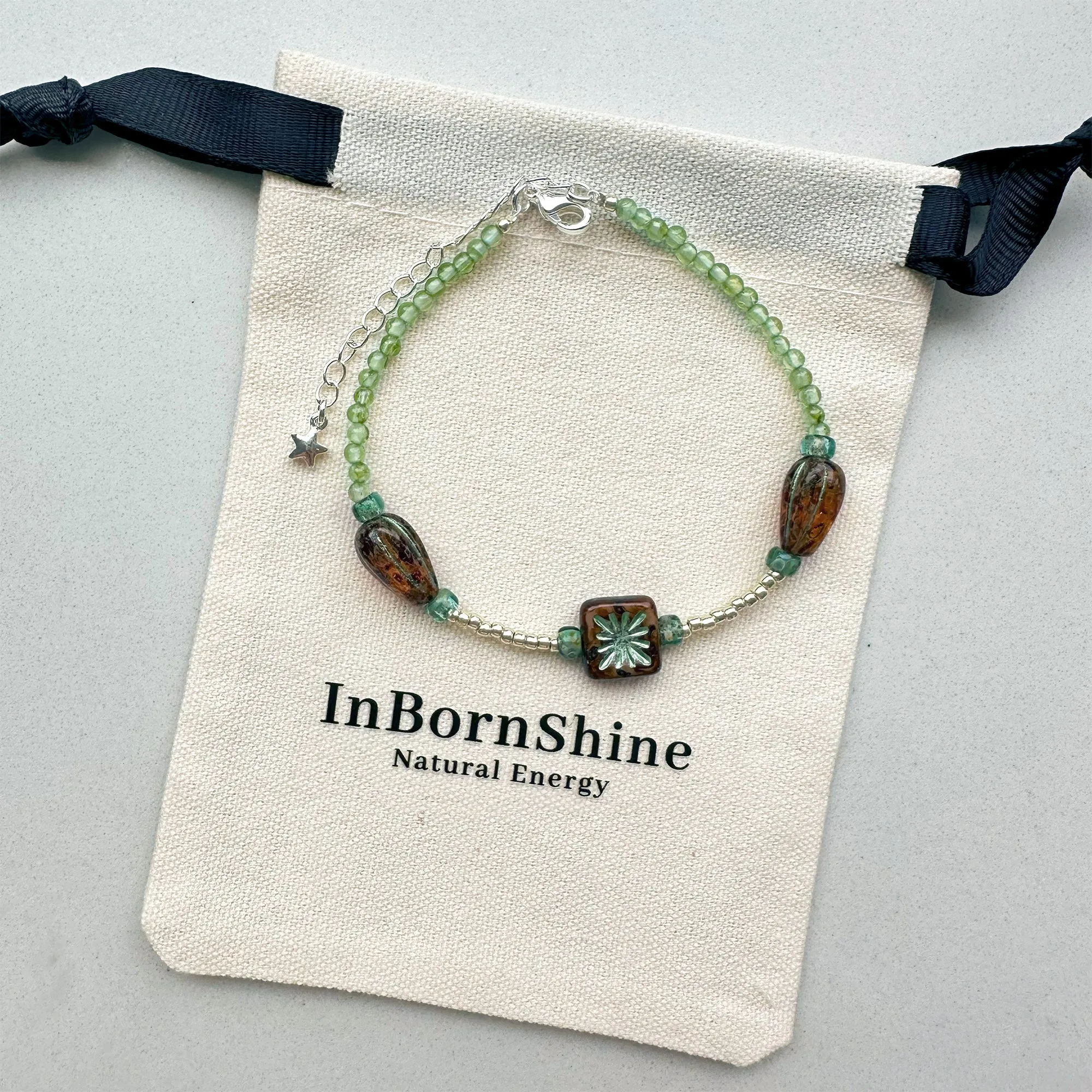 Picasso coloured firework Czech beads with peridot, silver bracelet