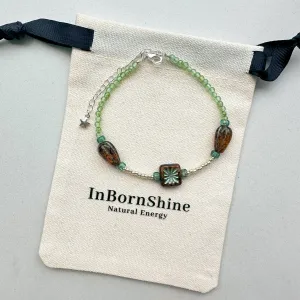 Picasso coloured firework Czech beads with peridot, silver bracelet