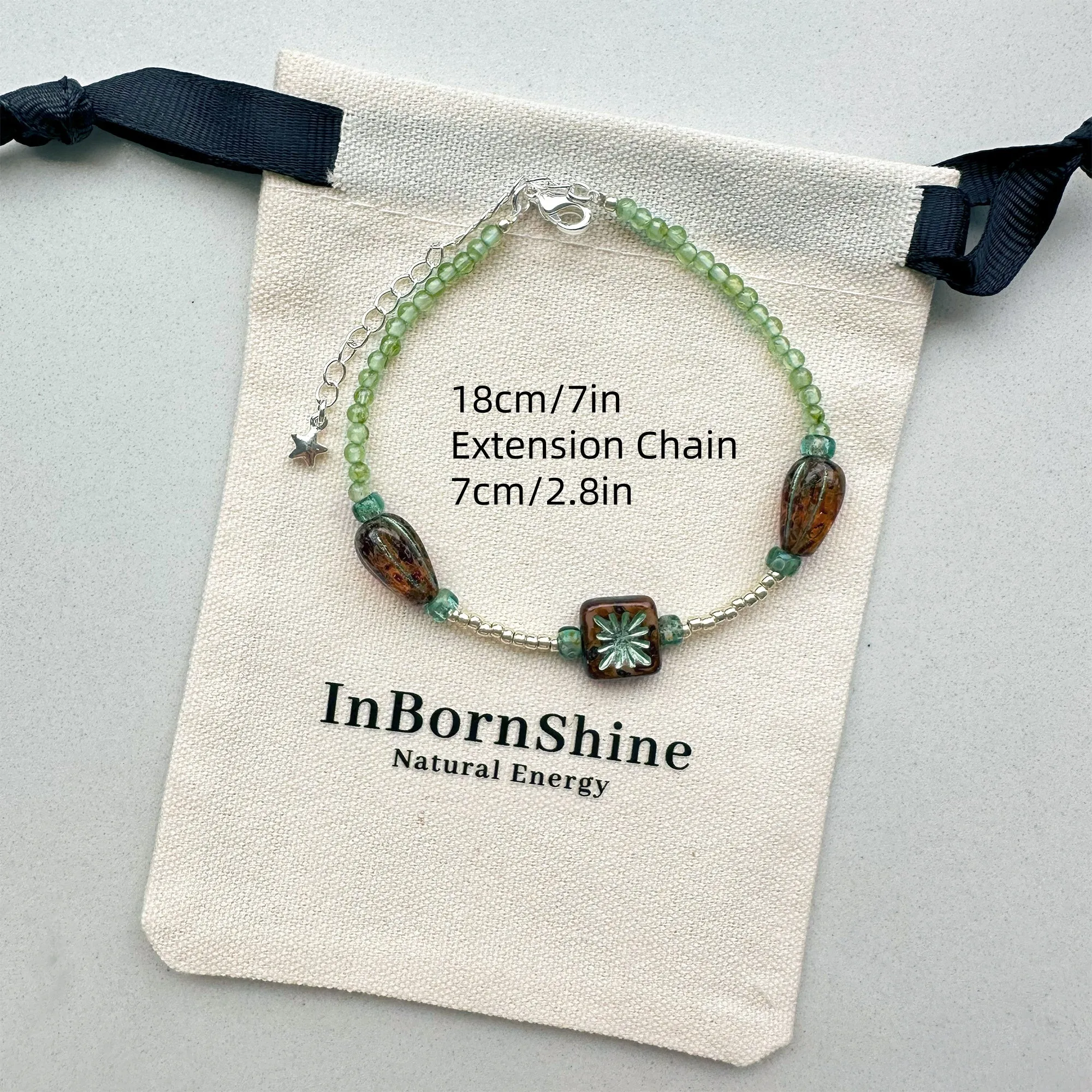 Picasso coloured firework Czech beads with peridot, silver bracelet